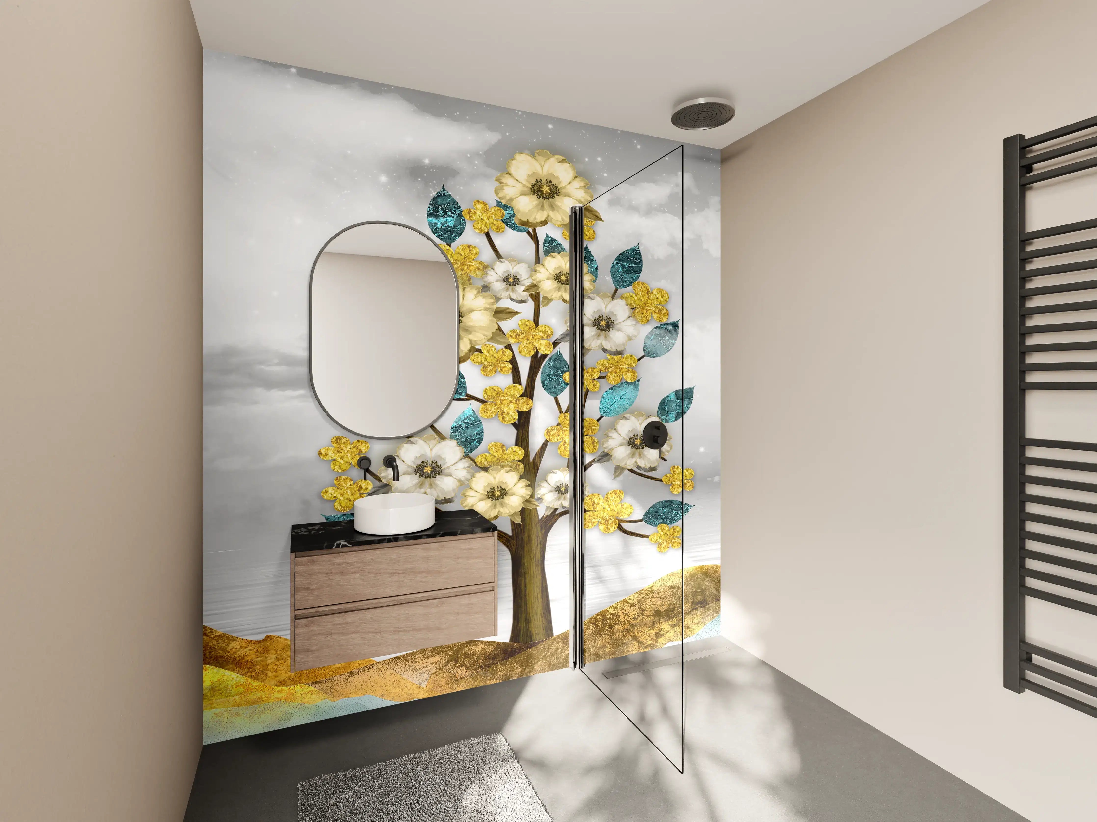 Wandverkleidung Bad - Florale Kunstmalerei - Natur