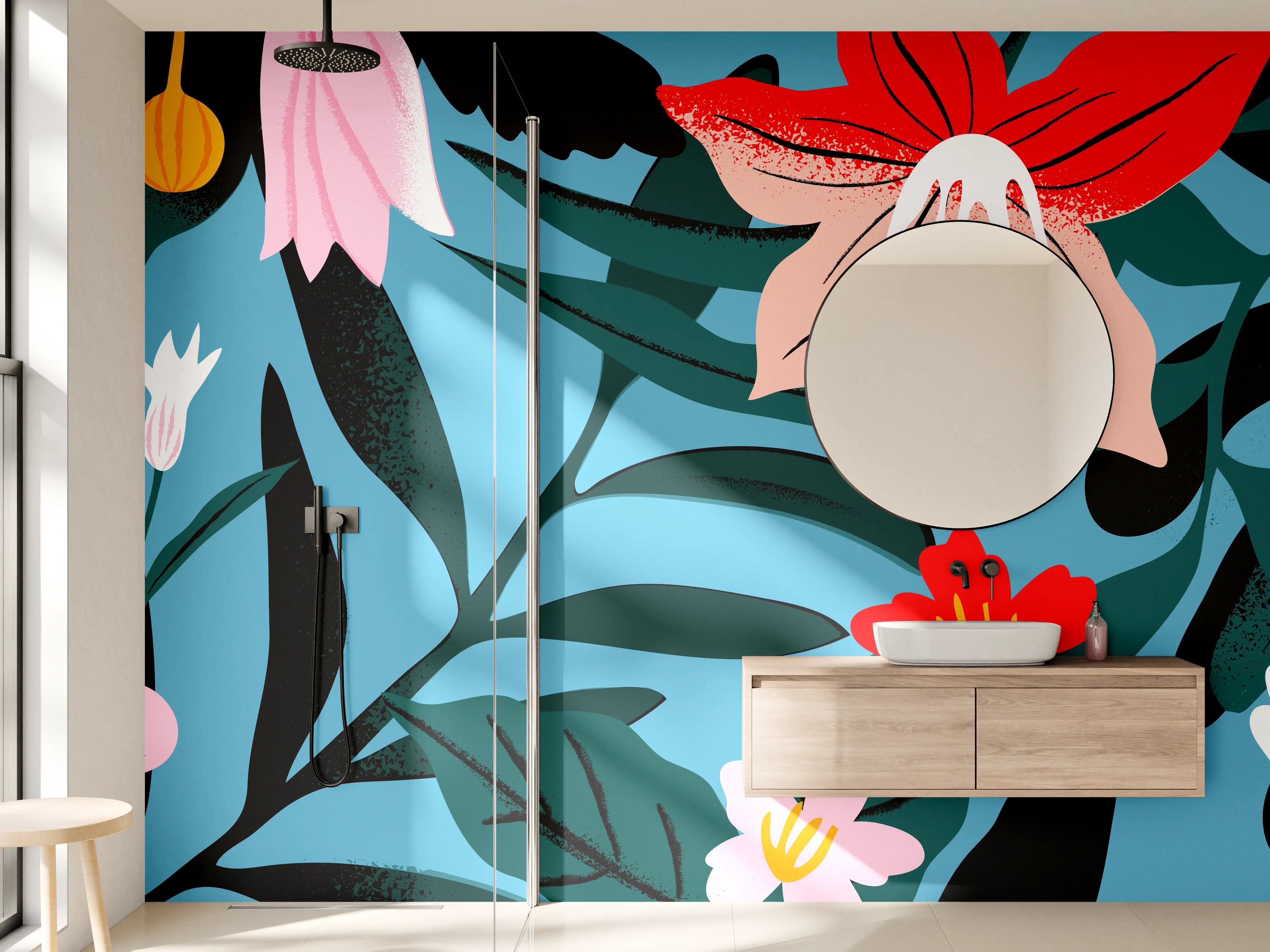 Wandverkleidung Bad - Florales Blau-Rot Muster