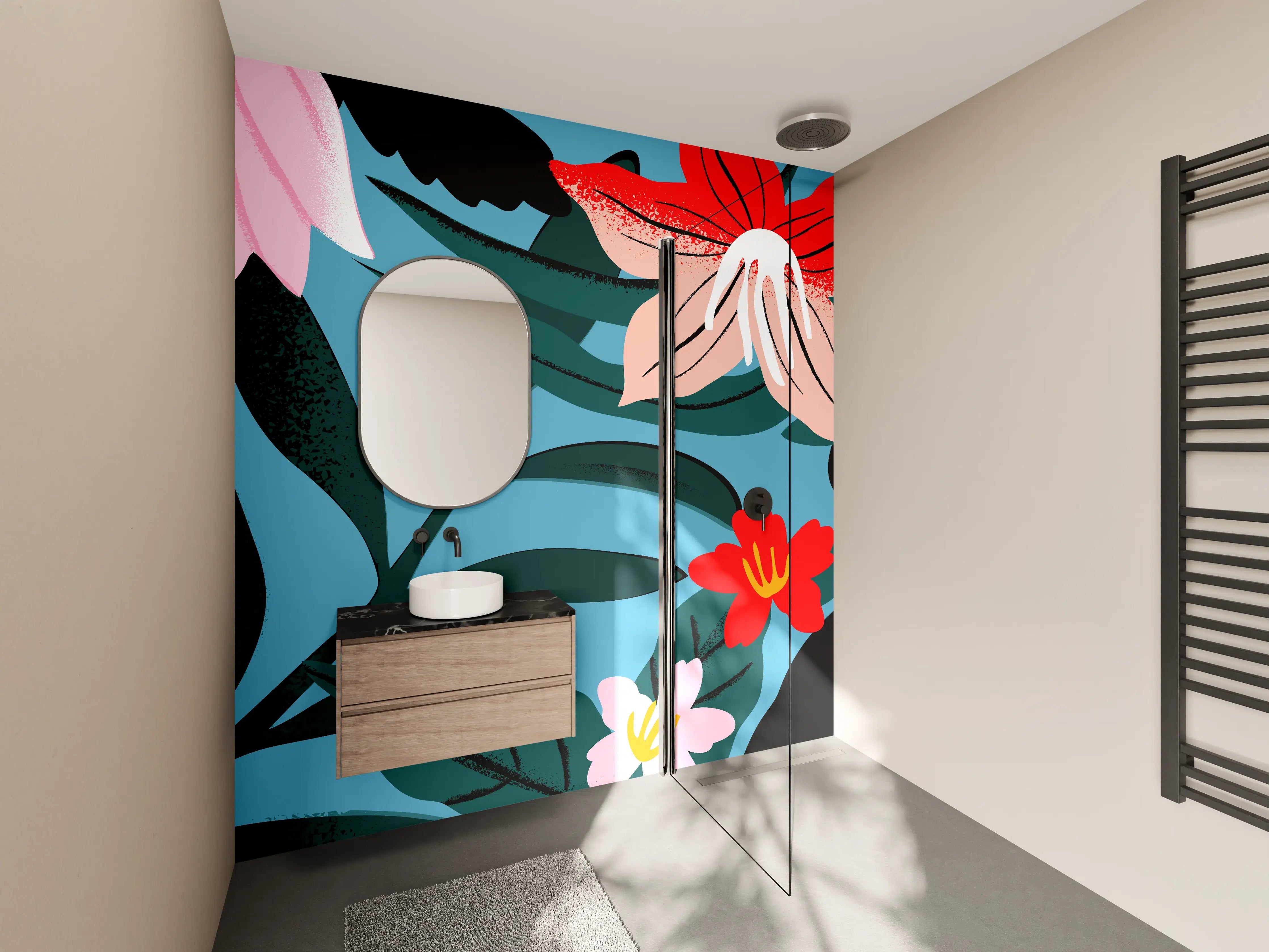 Wandverkleidung Bad - Florales Blau-Rot Muster