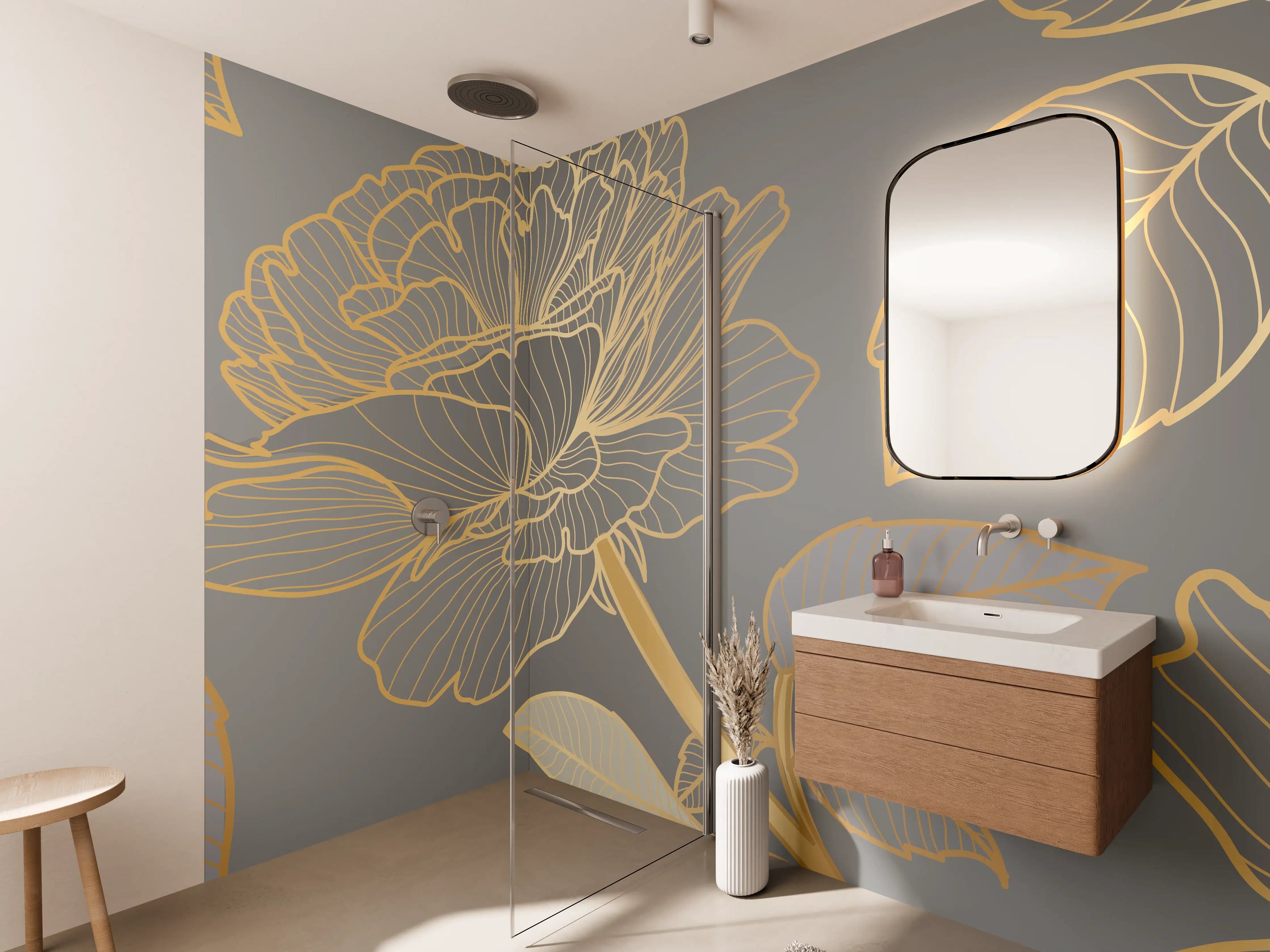Wandverkleidung Bad - Florales Gold-Muster Design