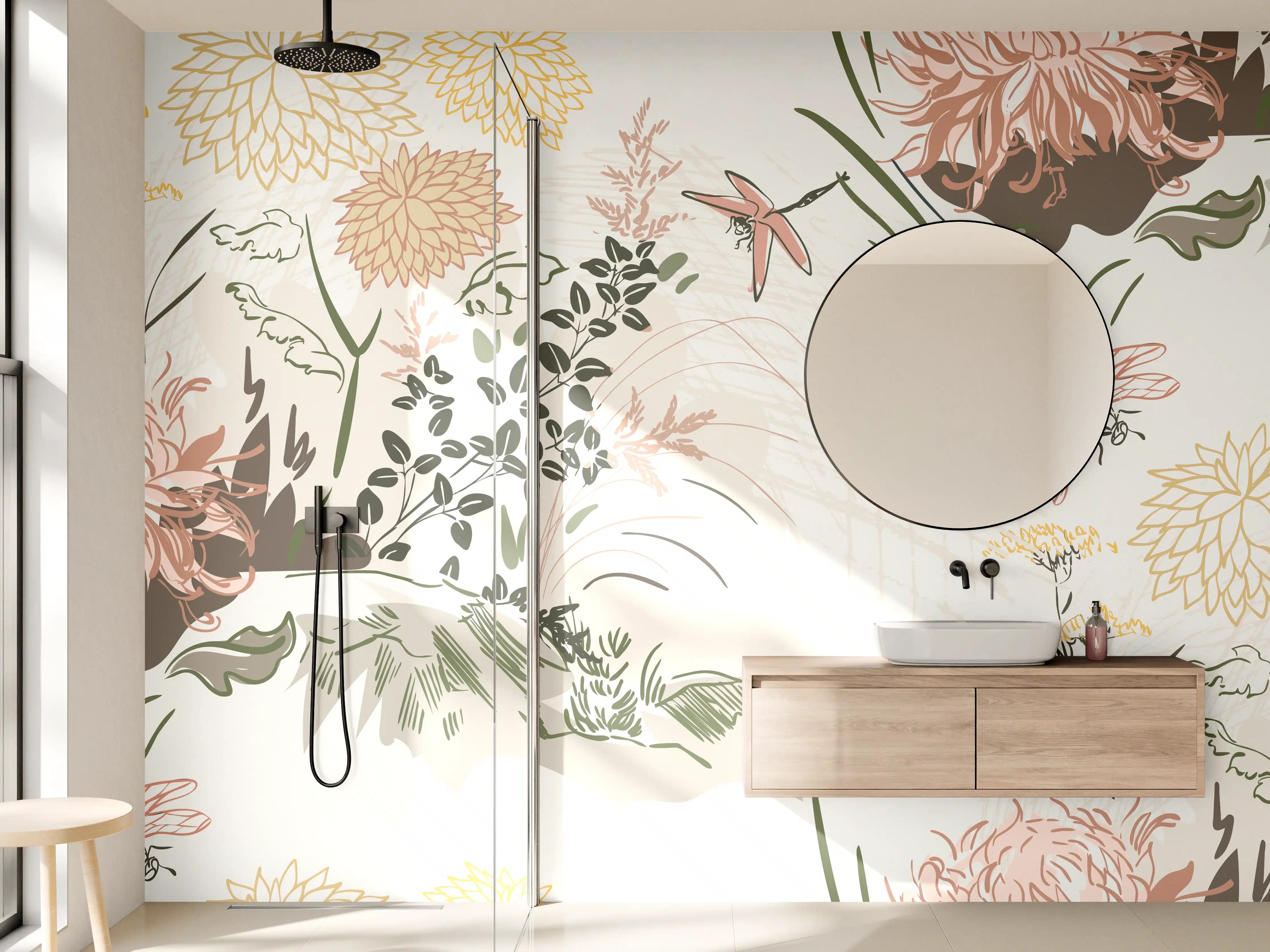 Wandverkleidung Bad - Florales Muster Beige-Grün-Rosa