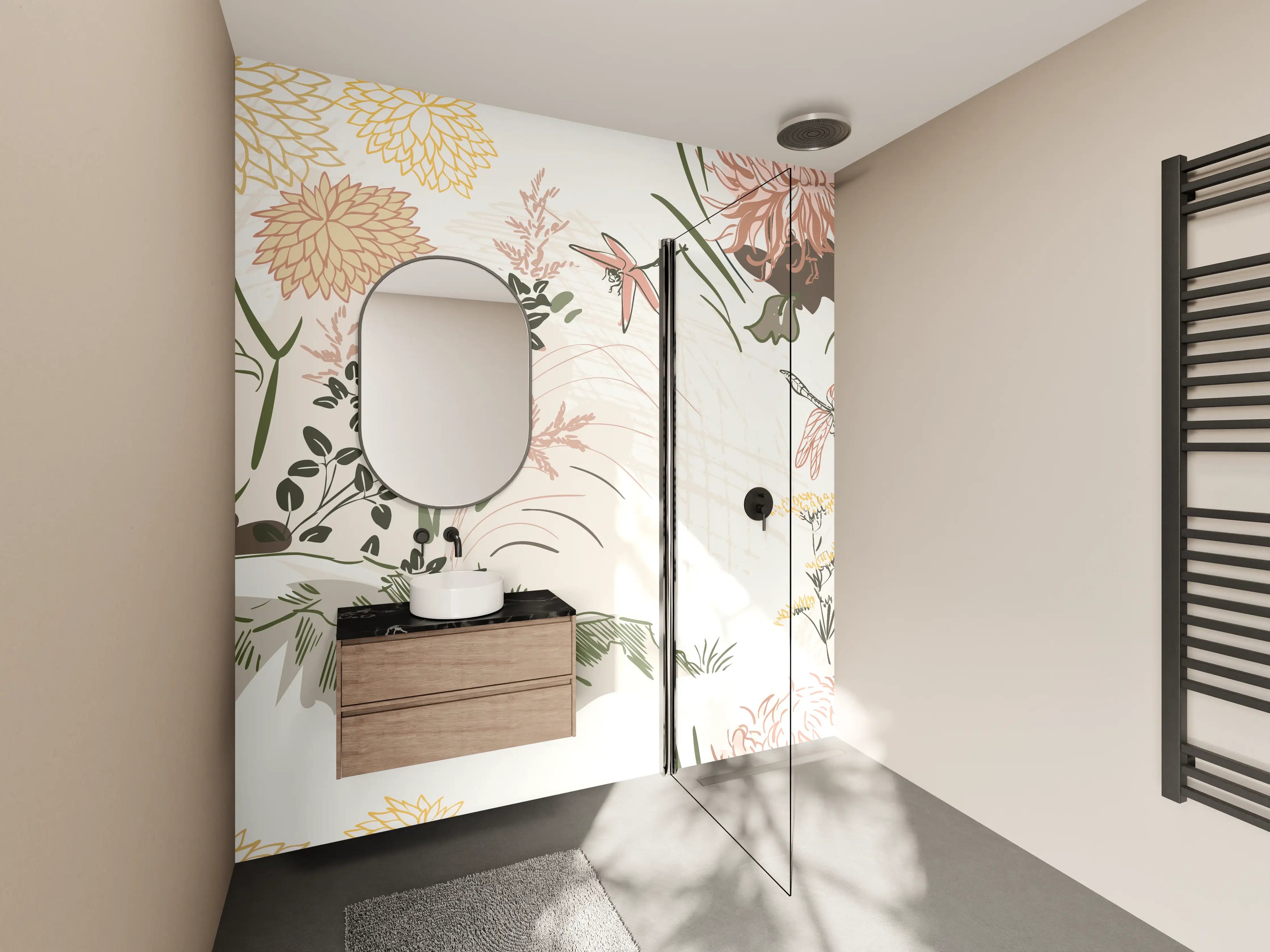 Wandverkleidung Bad - Florales Muster Beige-Grün-Rosa