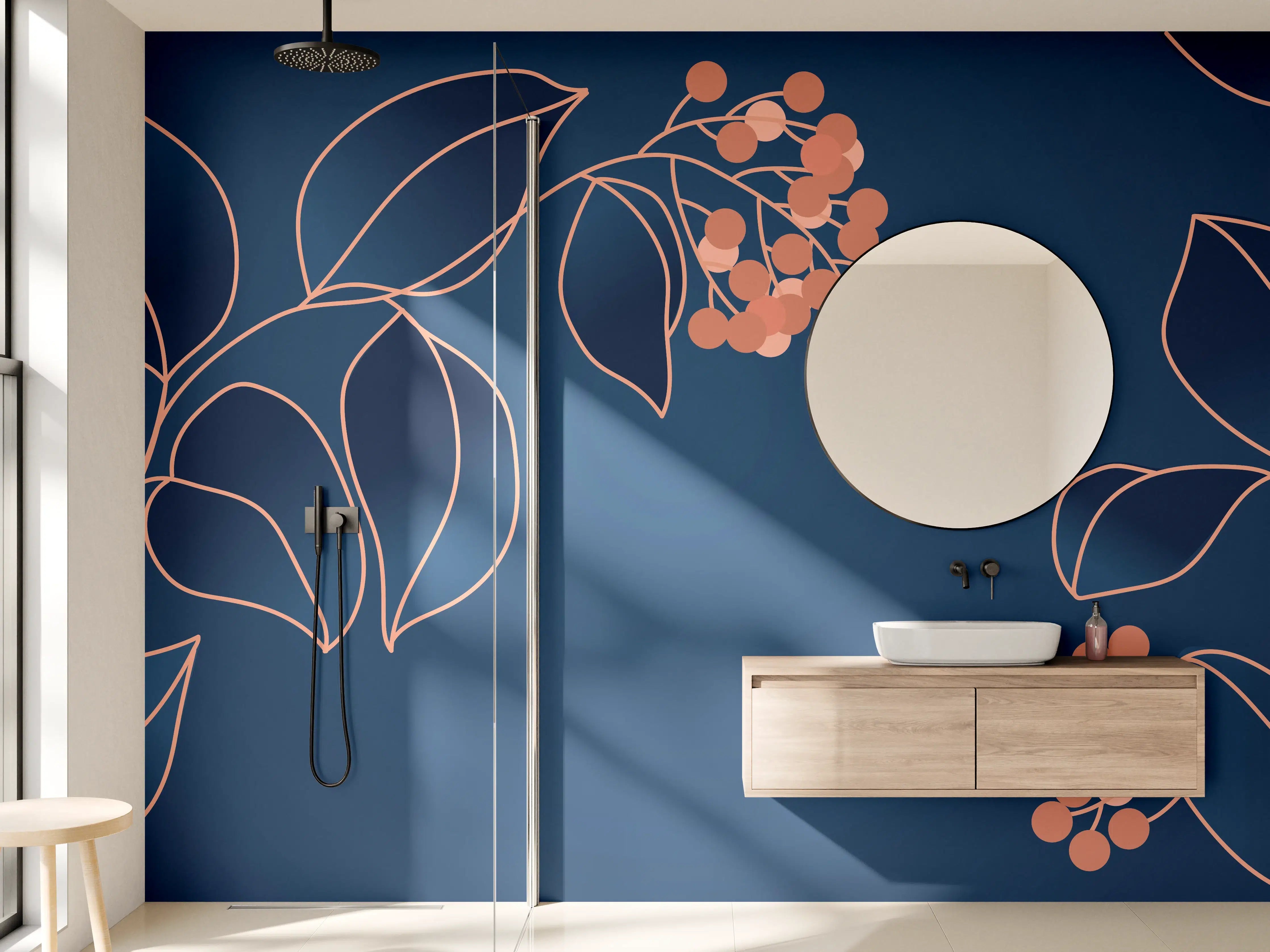 Wandverkleidung Bad - Florales Muster Navy-Orange