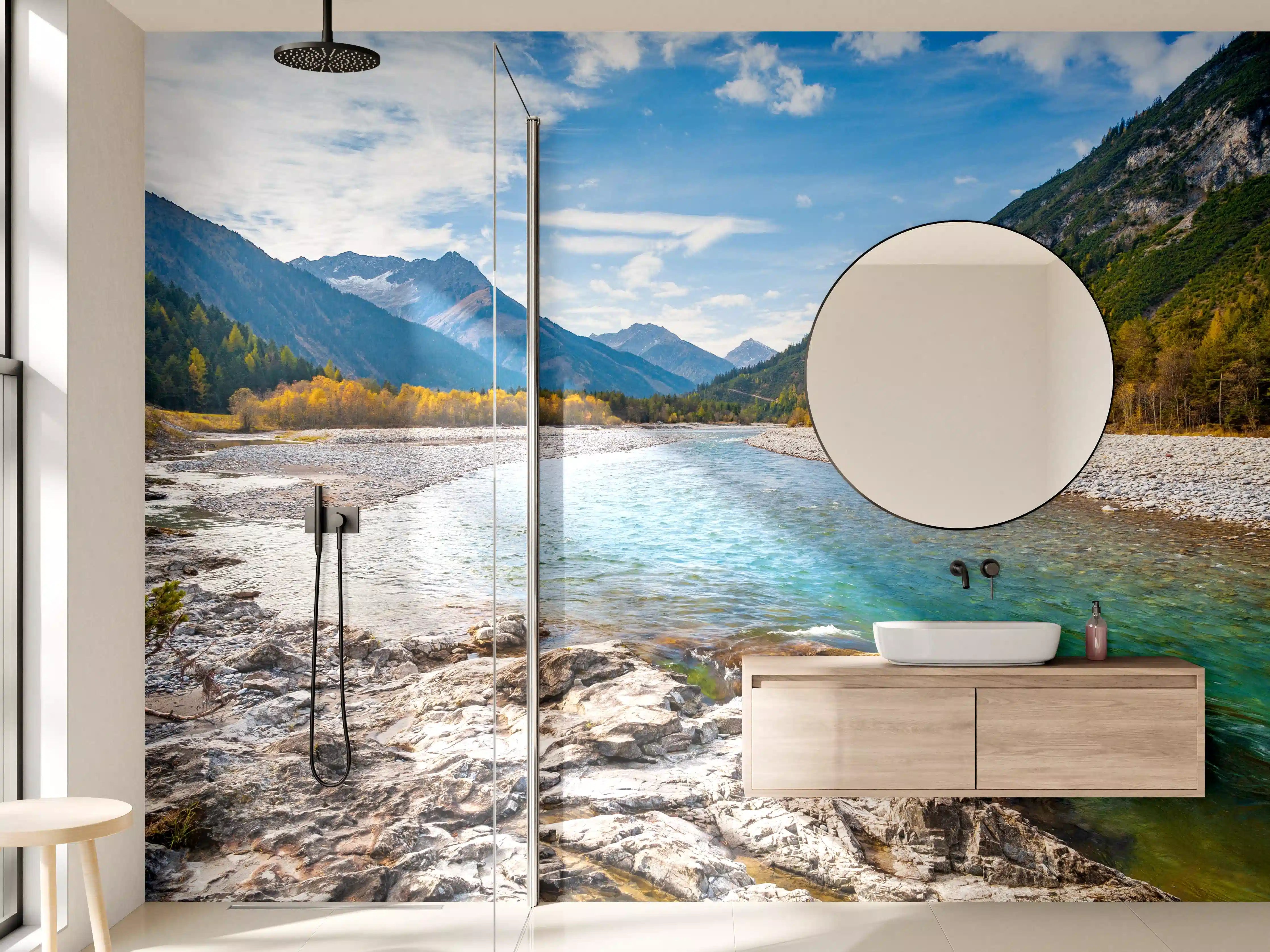 Wandverkleidung Bad - Fluss durch die Alpen im Herbst