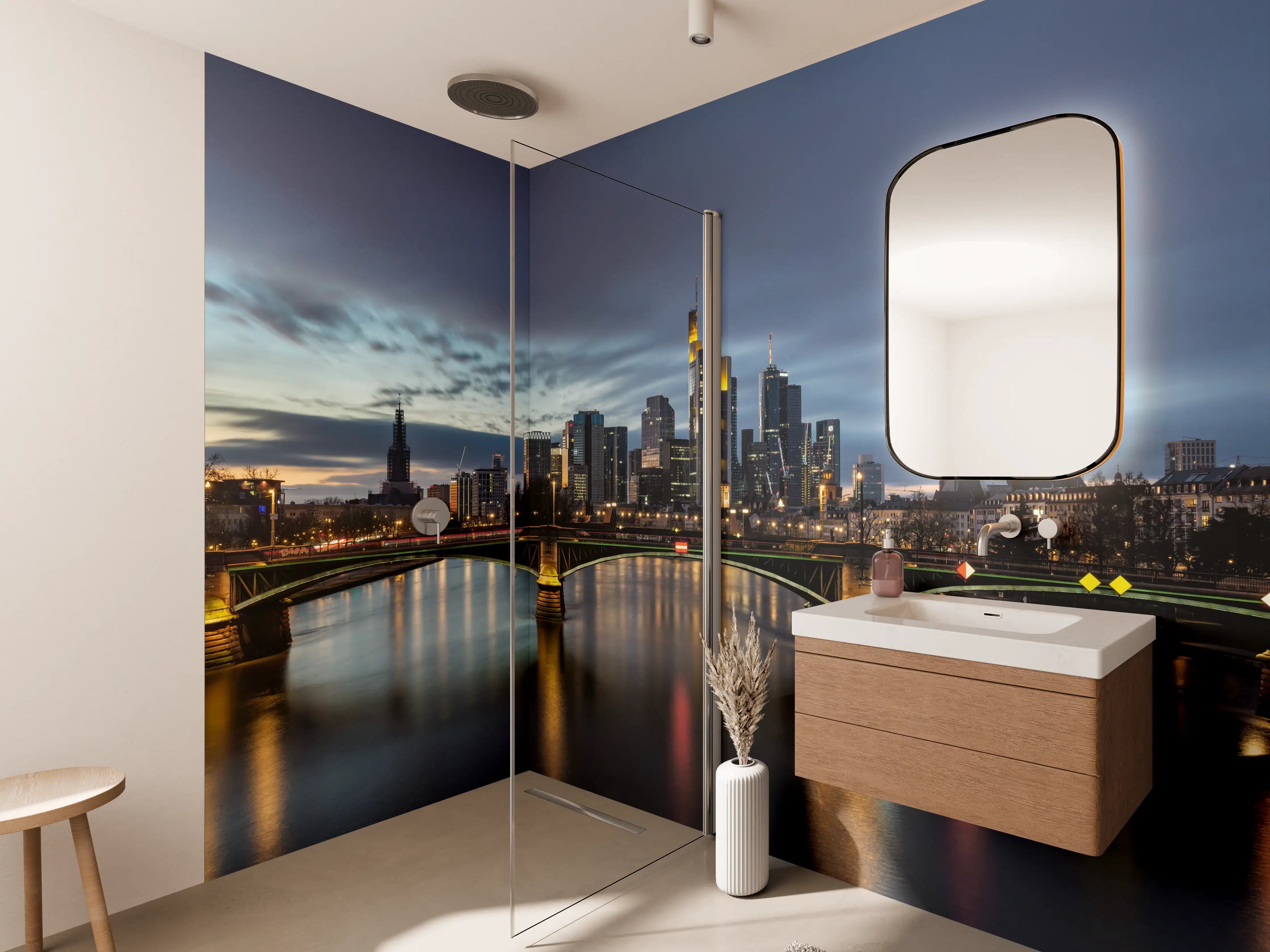 Wandverkleidung Bad - Flussansicht in der Dämmerung von Frankfurt