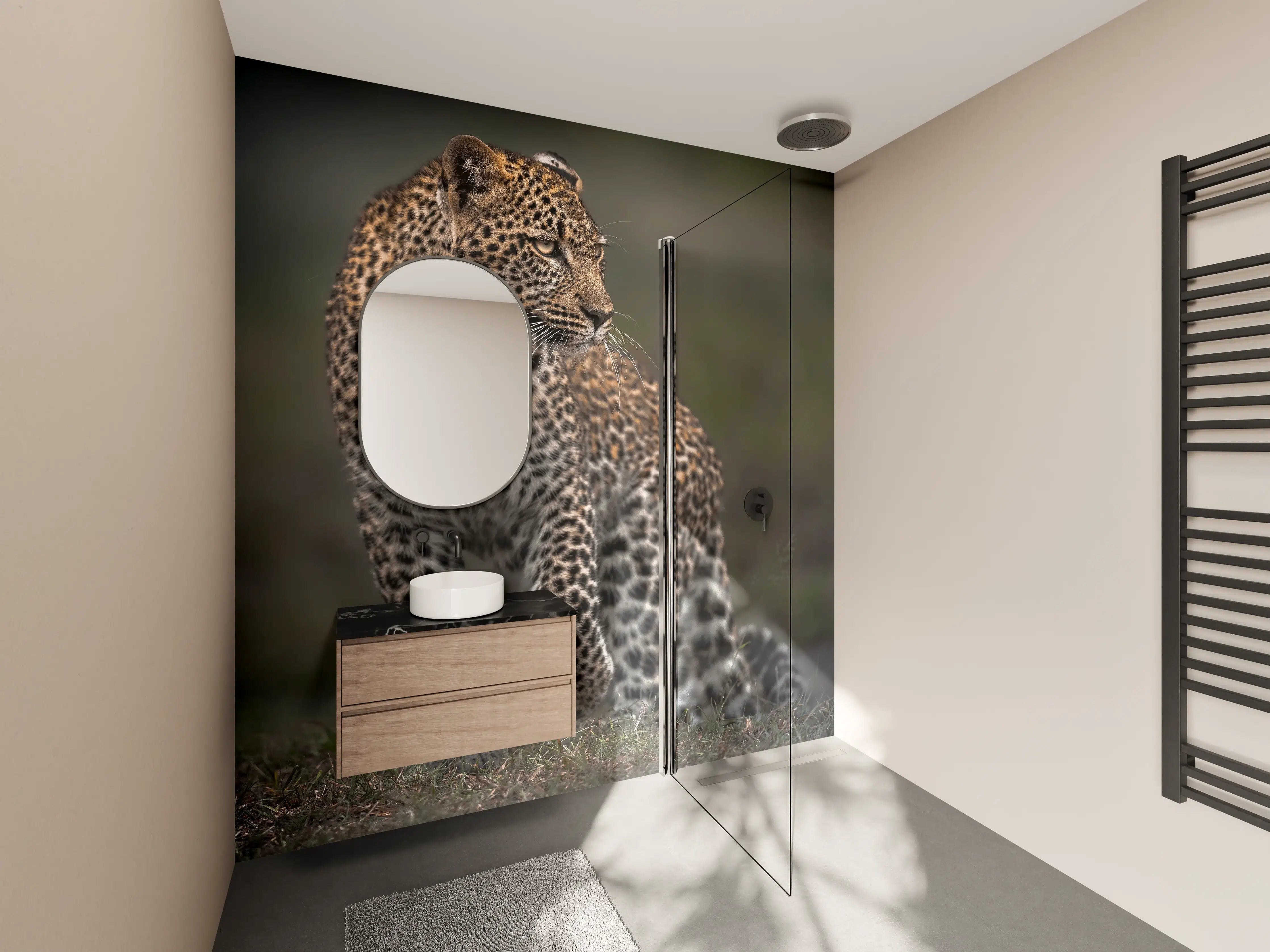 Wandverkleidung Bad - Fokussierter Leopard - Savanne