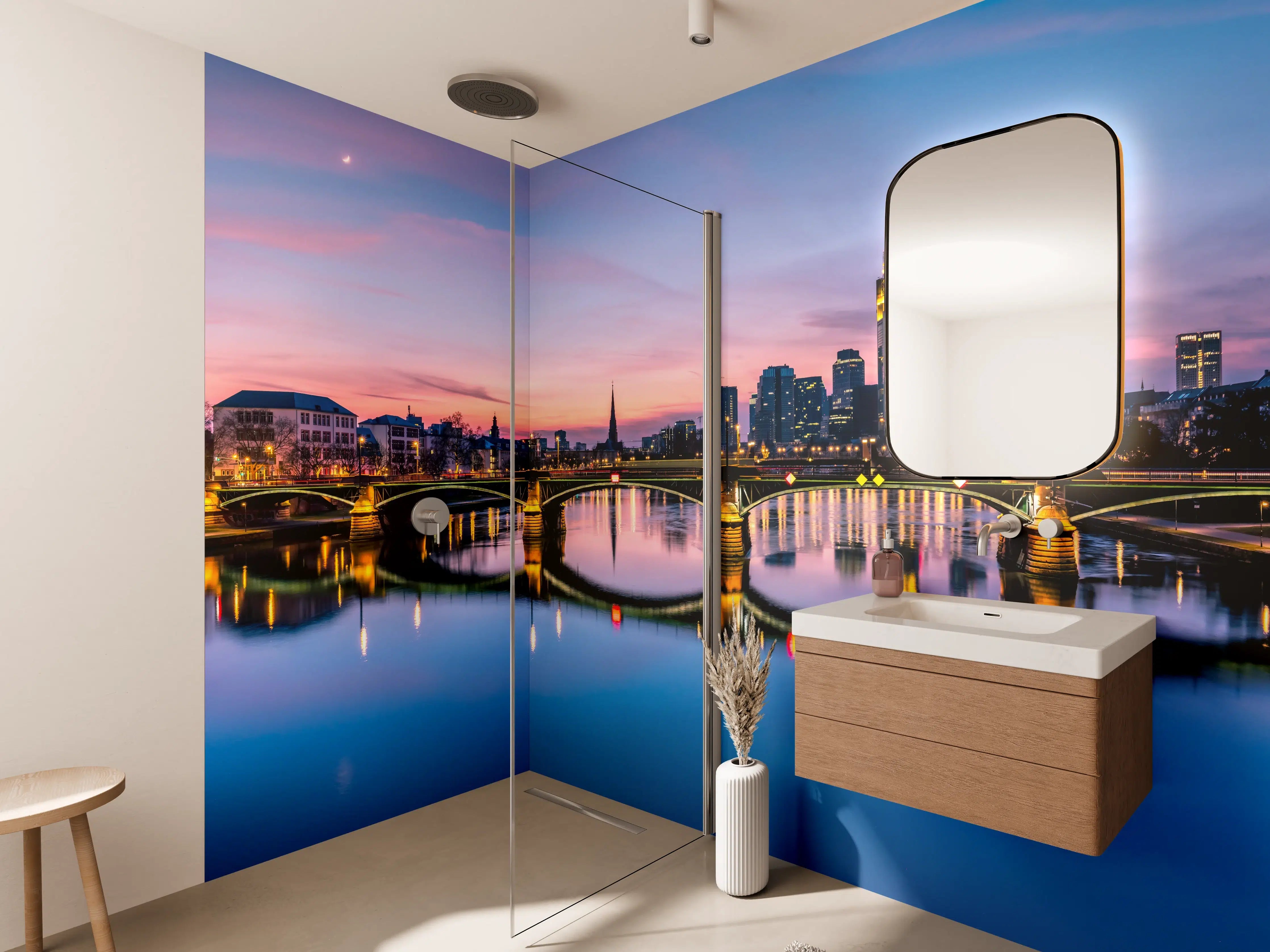 Wandverkleidung Bad - Frankfurt Skyline Wasserspiegelung