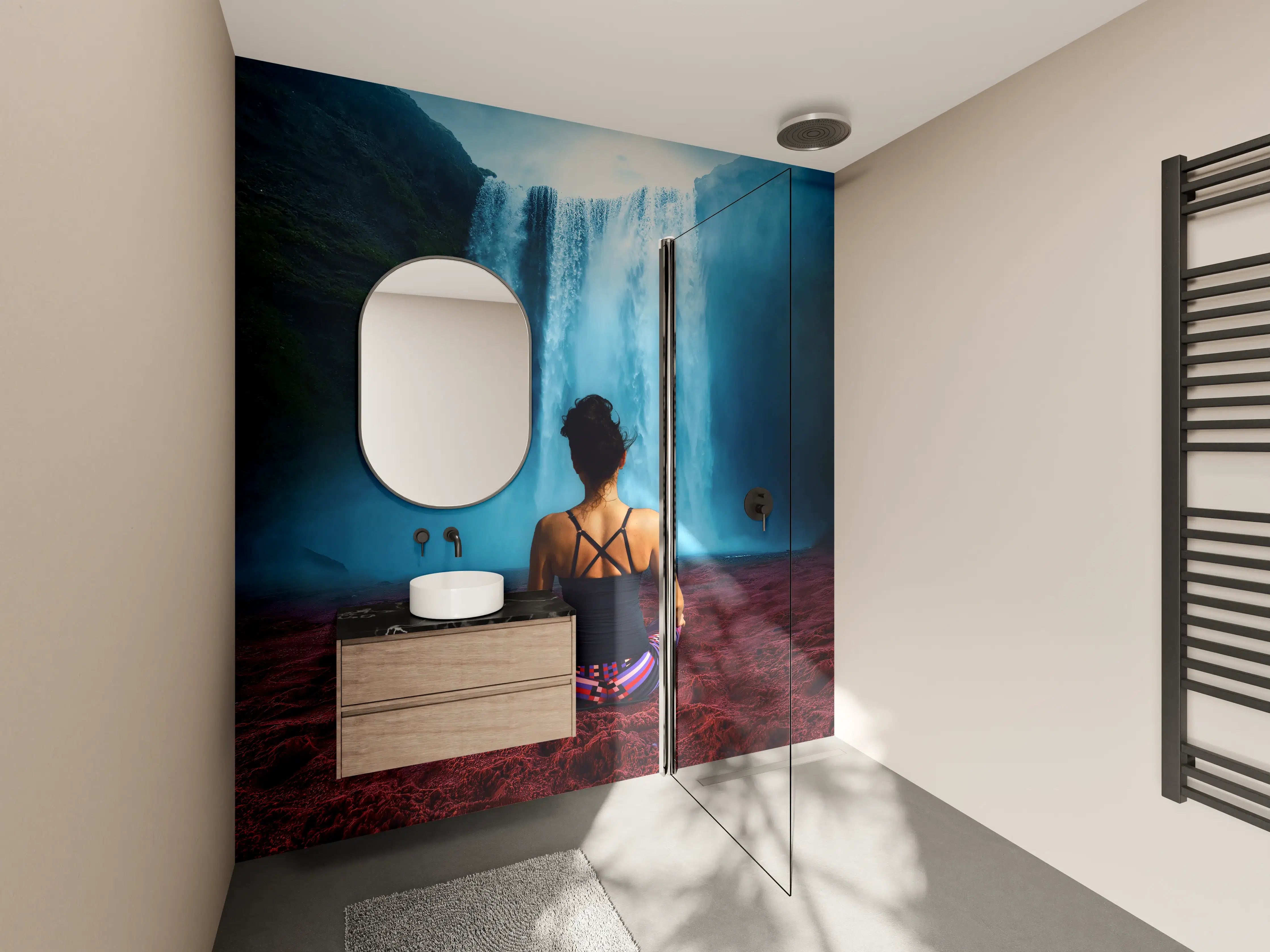 Wandverkleidung Bad - Frau meditierend vor traumhaften Wasserfall