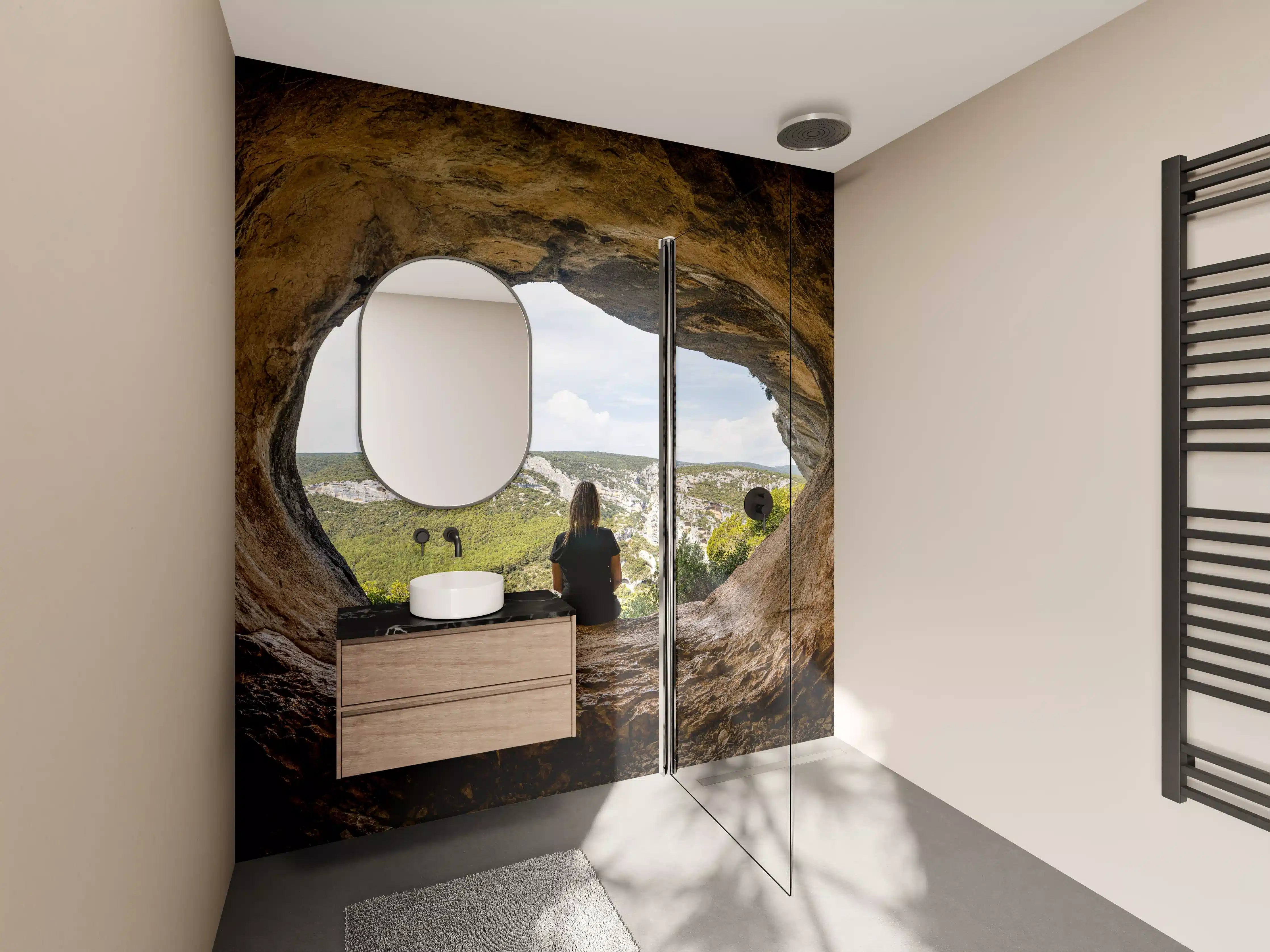 Wandverkleidung Bad - Frau sitzend in Berghöhle mit Blick auf Landschaft