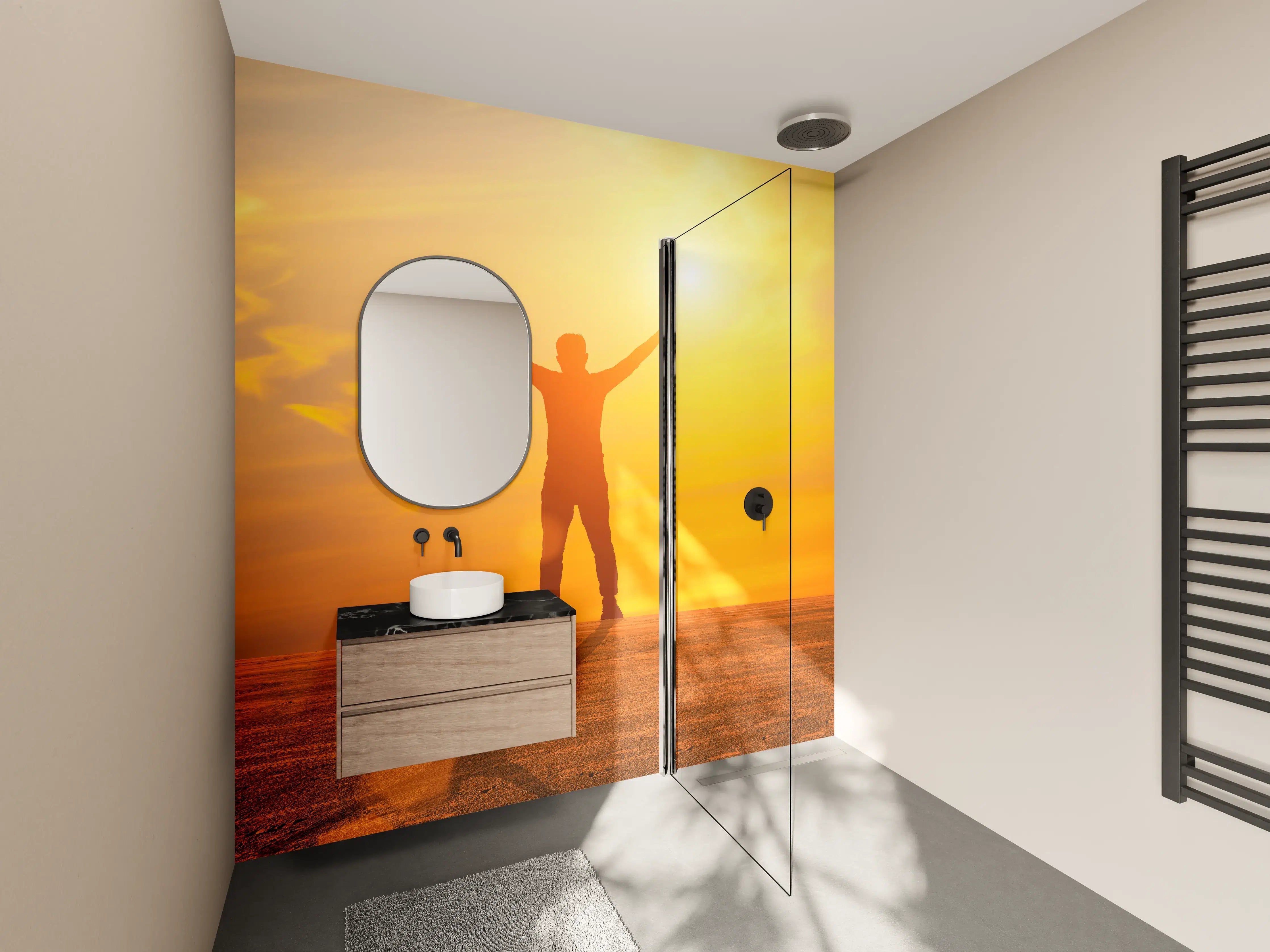 Wandverkleidung Bad - Freier Mann im goldenen Licht der Sonne