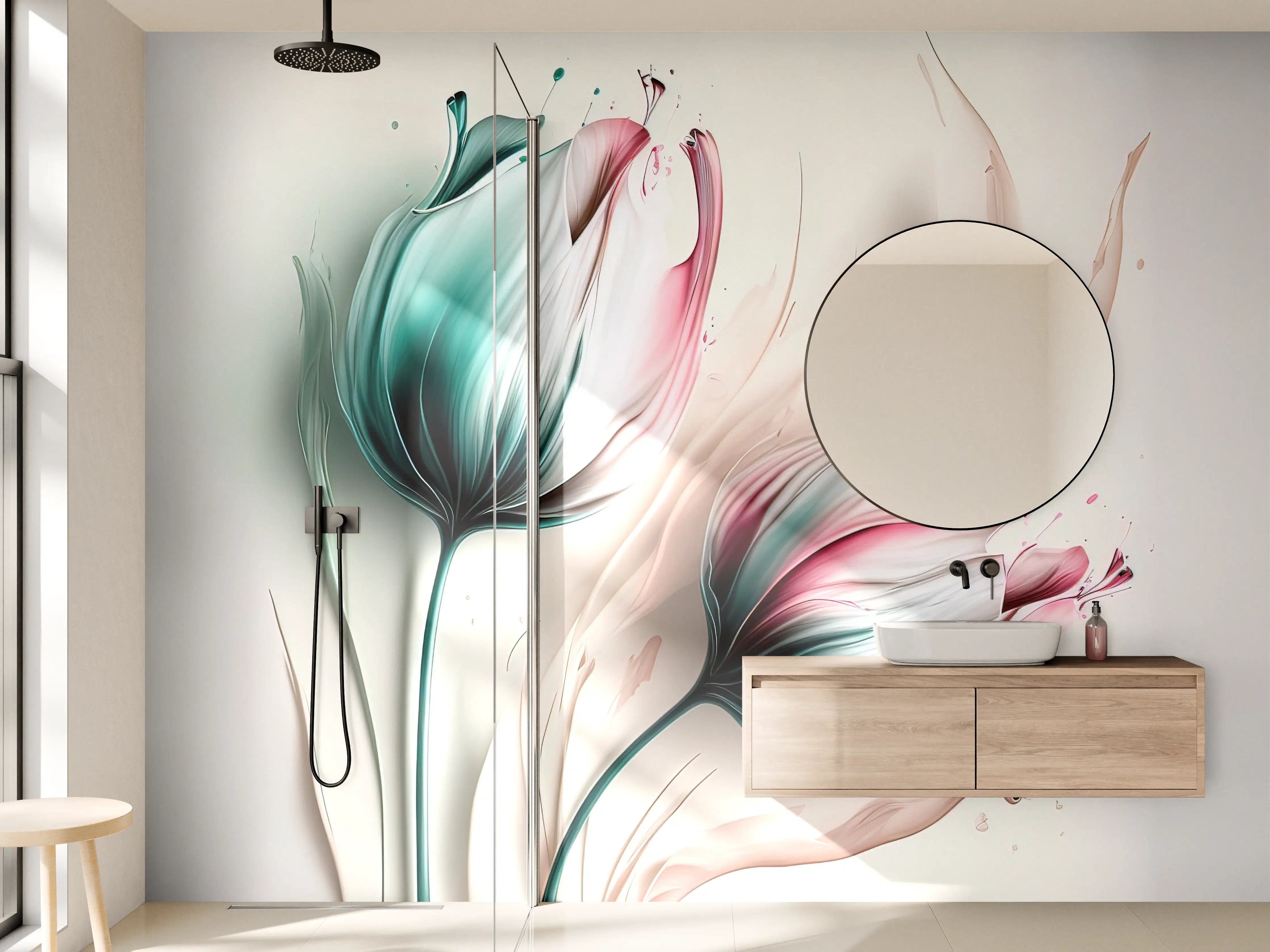 Wandverkleidung Bad - Frühlings-Tulpen in Fluid Art