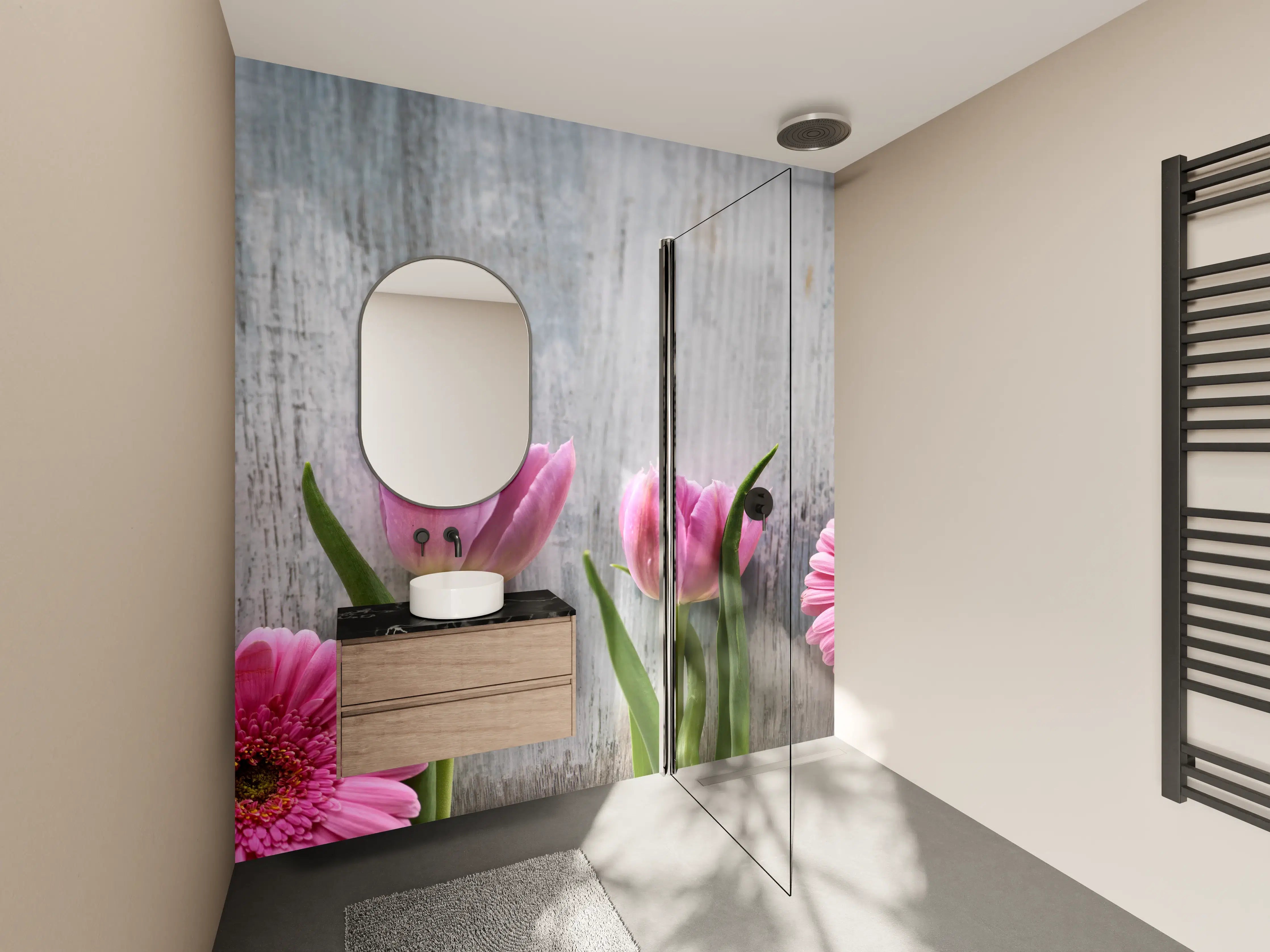 Wandverkleidung Bad - Frühlingsblumen auf schäbigem Holz