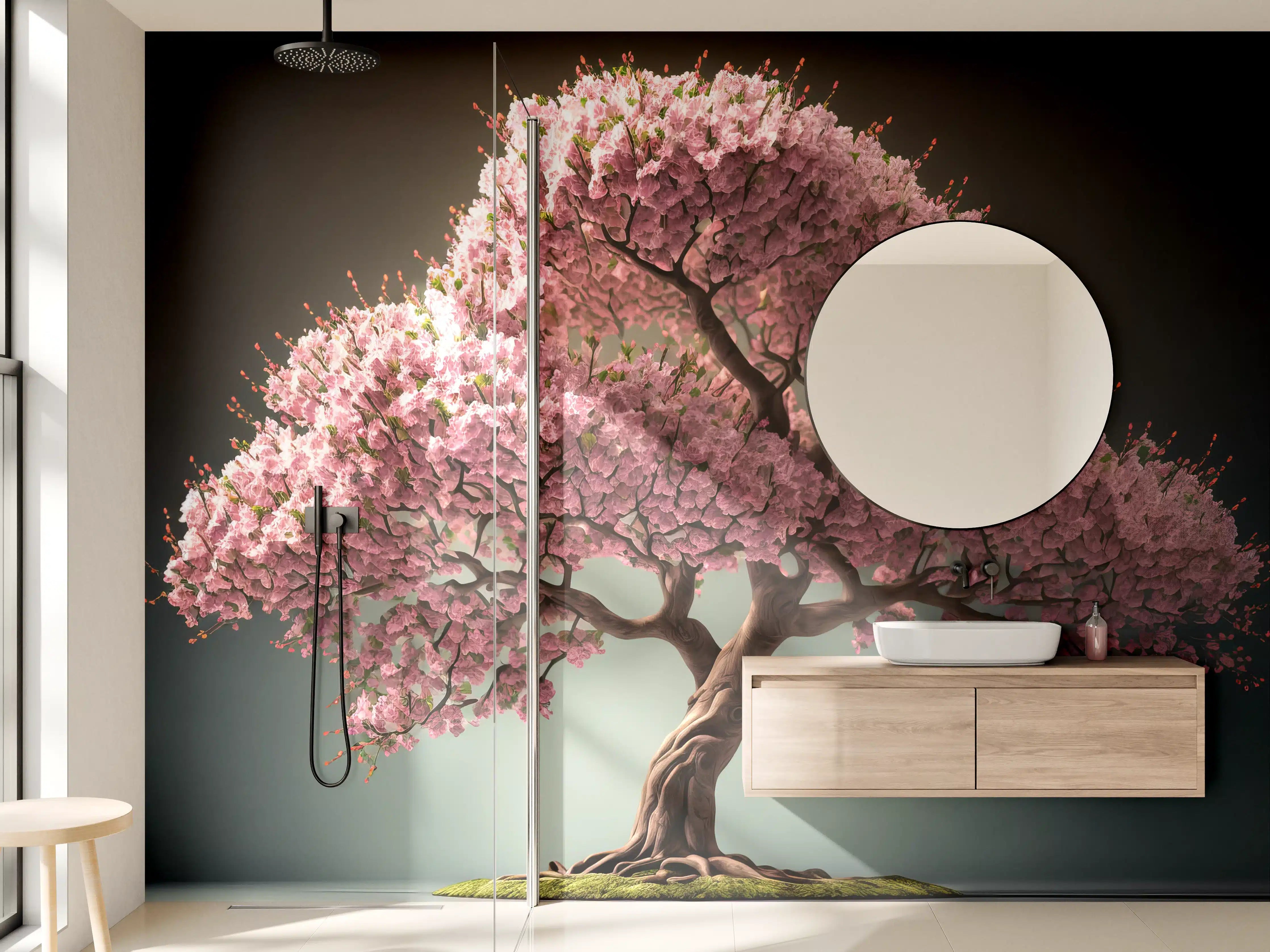 Wandverkleidung Bad - Frühlingszeit Kirschblüte Sakura Baum - KI generiert