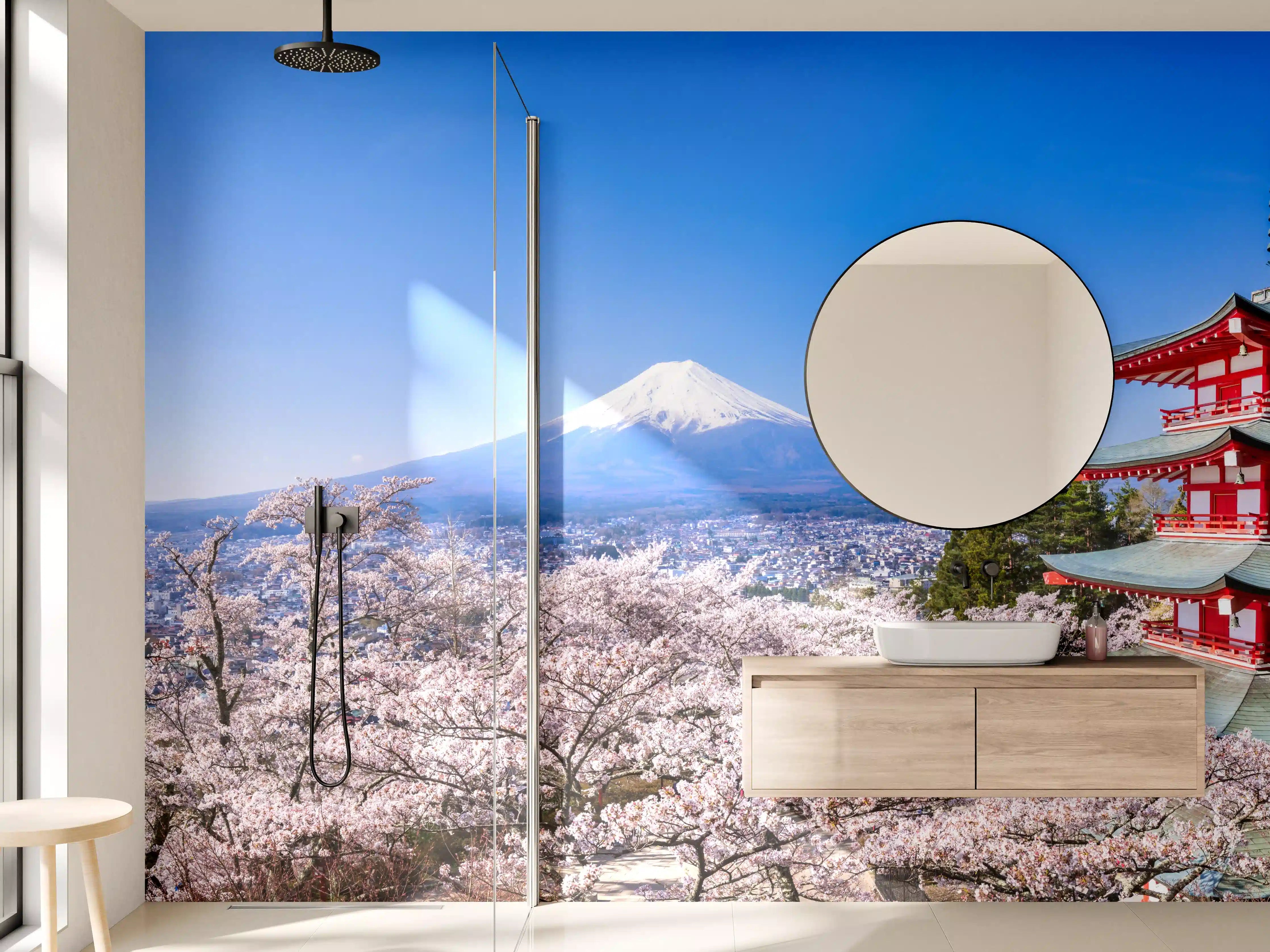 Wandverkleidung Bad - Fuji und Pagode im Kirschblütenmeer