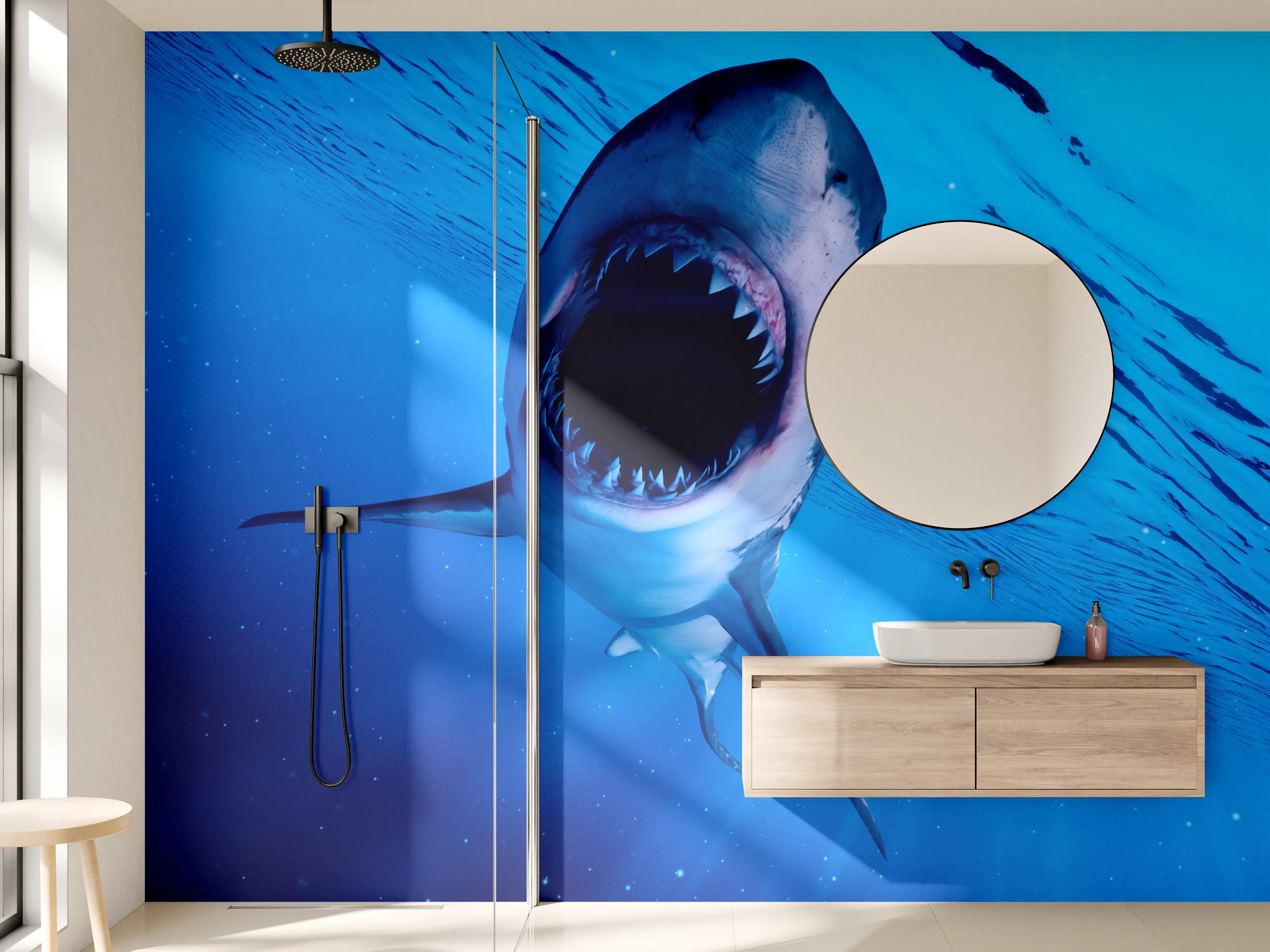 Wandverkleidung Bad - Furchterregender großer weißer Hais