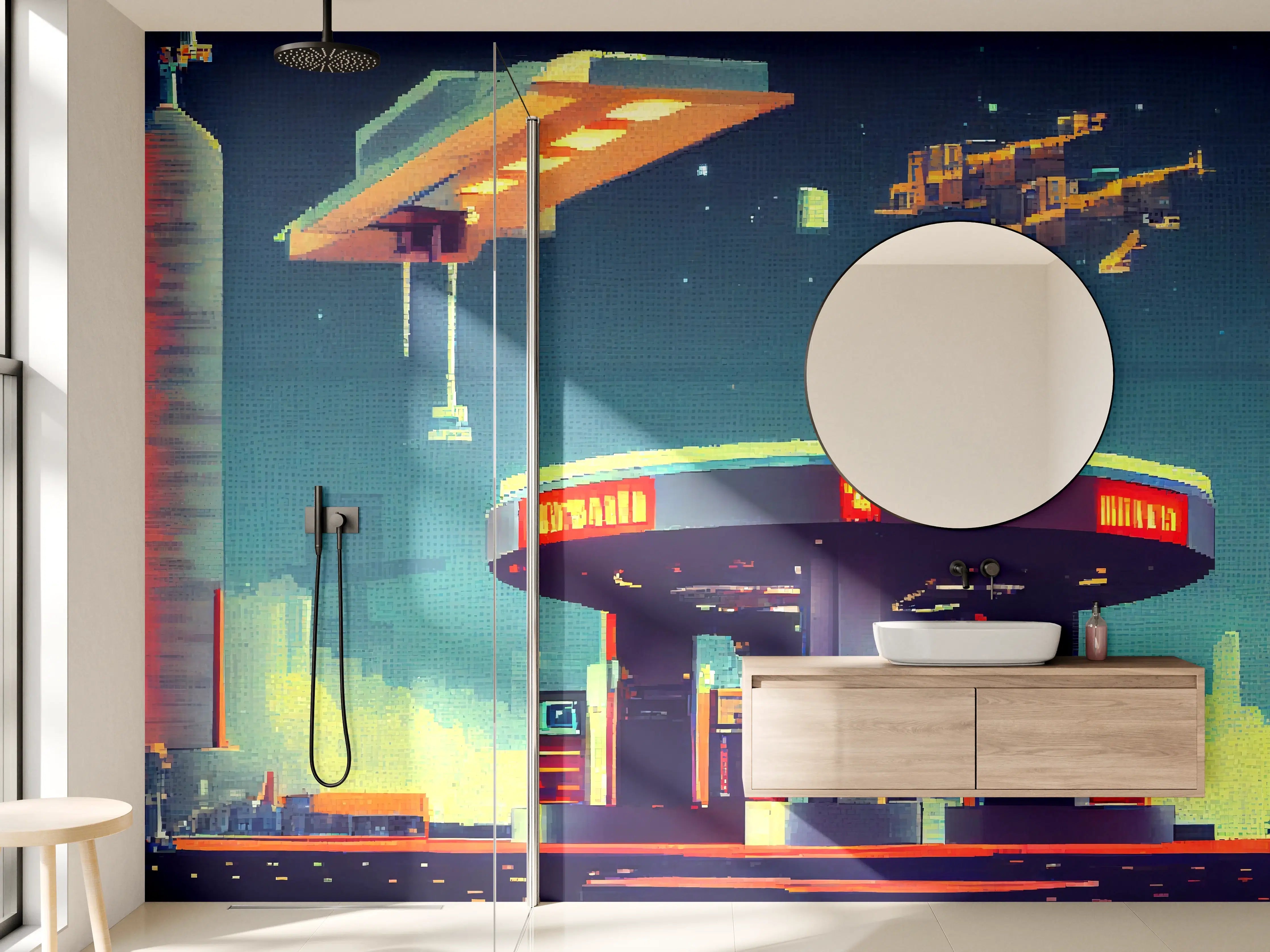 Wandverkleidung Bad - Futuristische Illustration einer Cyberpunk-Tankstelle im Pixel-Art-Stil