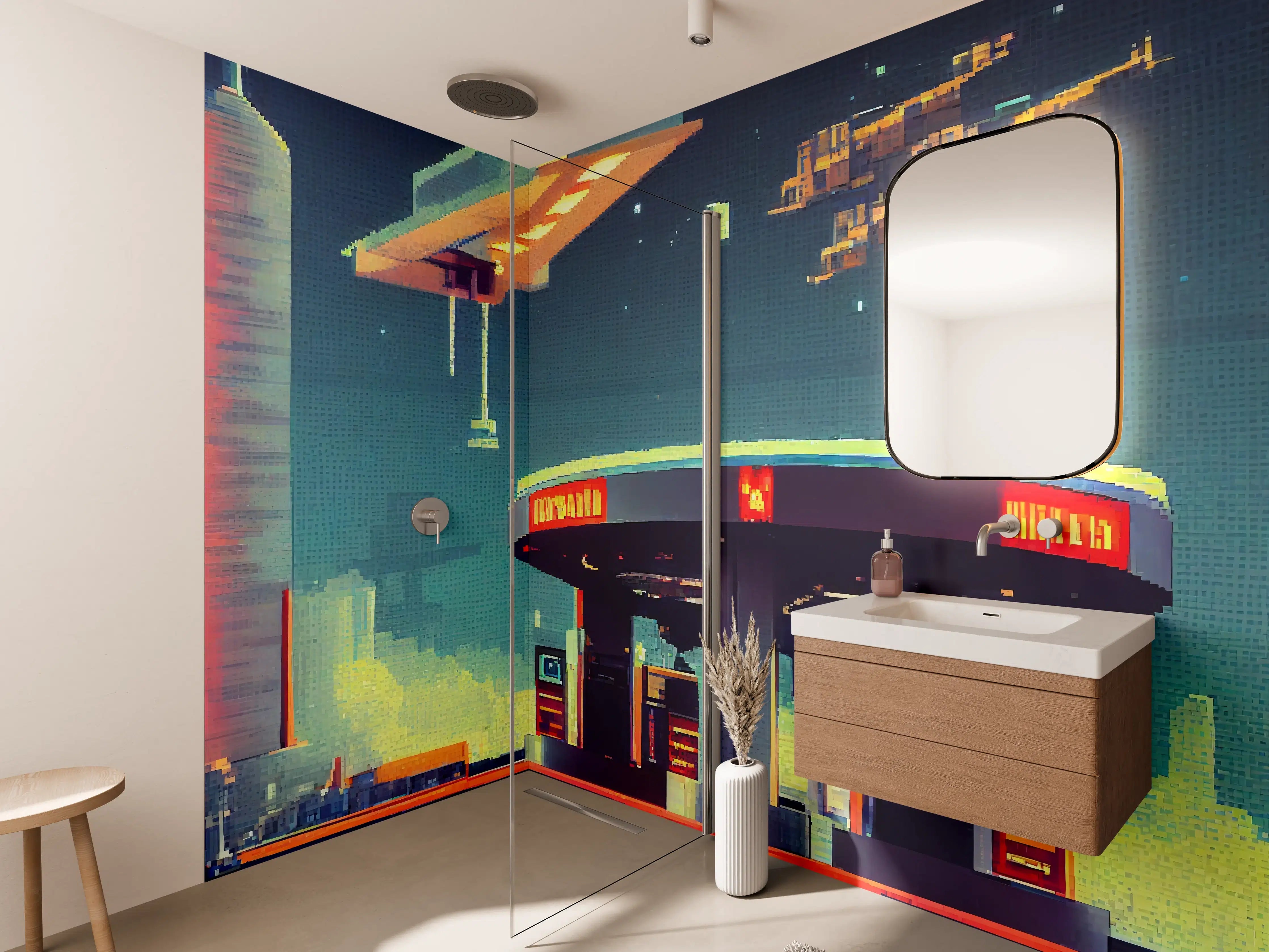 Wandverkleidung Bad - Futuristische Illustration einer Cyberpunk-Tankstelle im Pixel-Art-Stil
