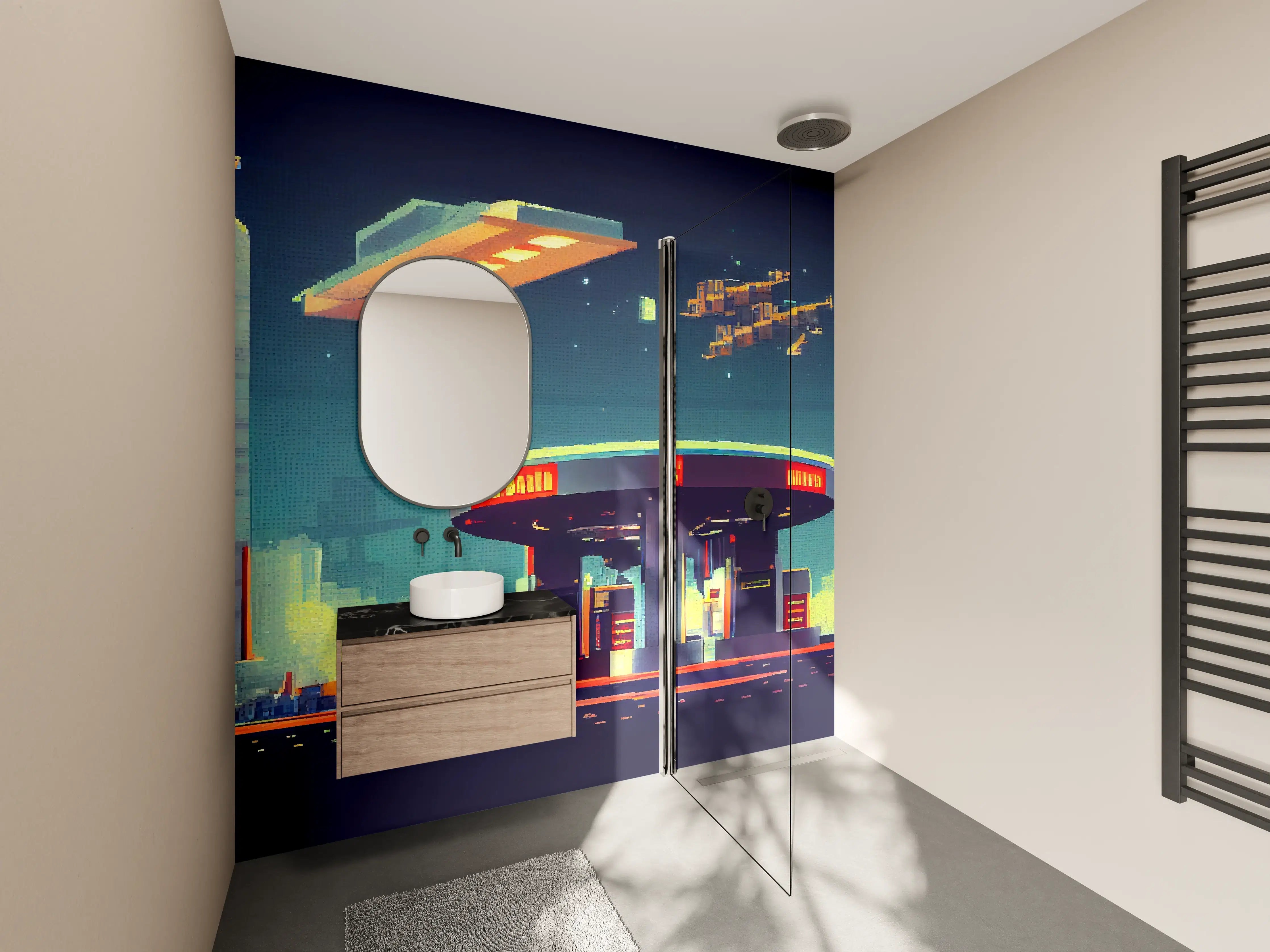 Wandverkleidung Bad - Futuristische Illustration einer Cyberpunk-Tankstelle im Pixel-Art-Stil