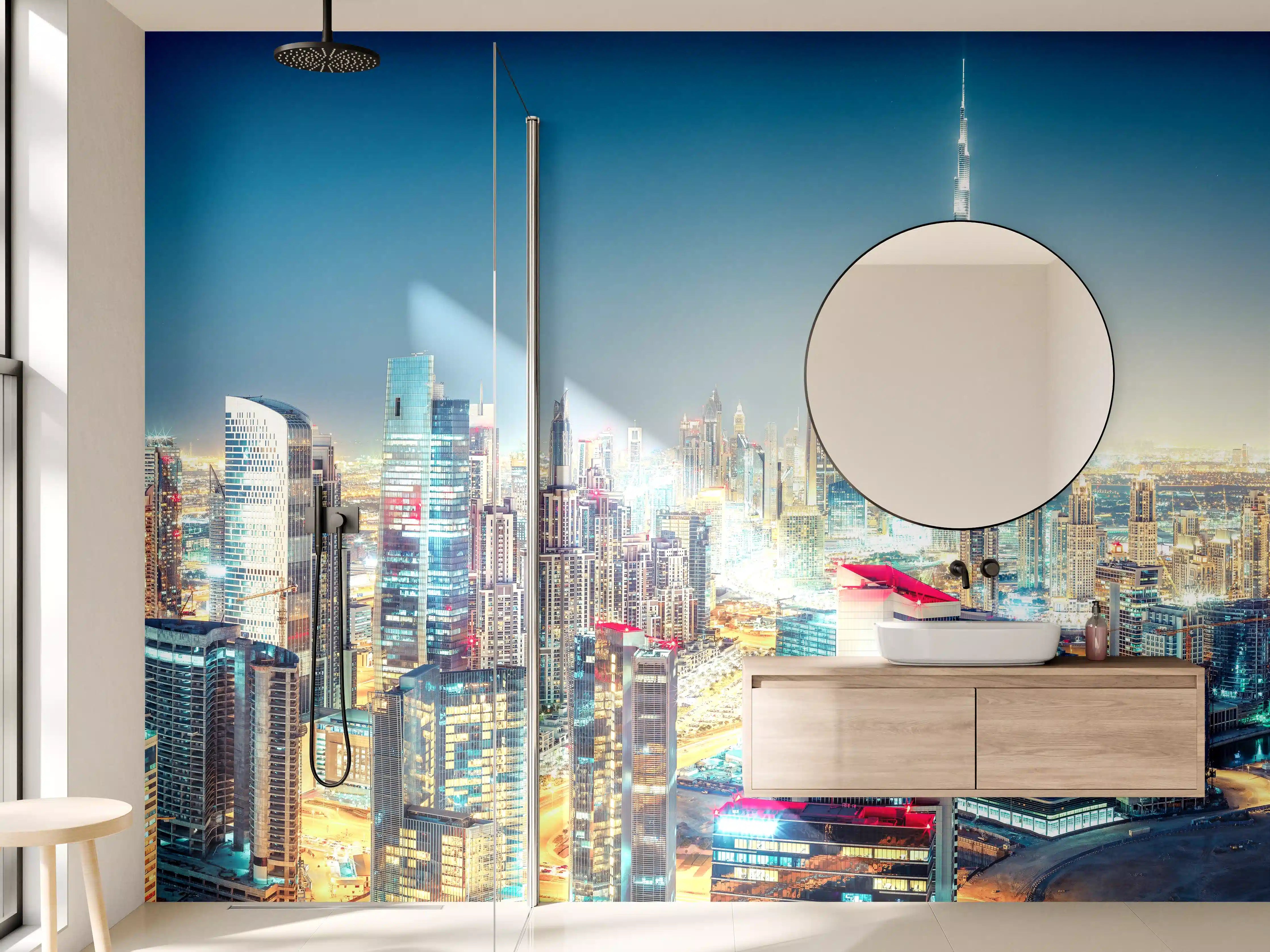 Wandverkleidung Bad - Futuristische Skyline bei Nacht