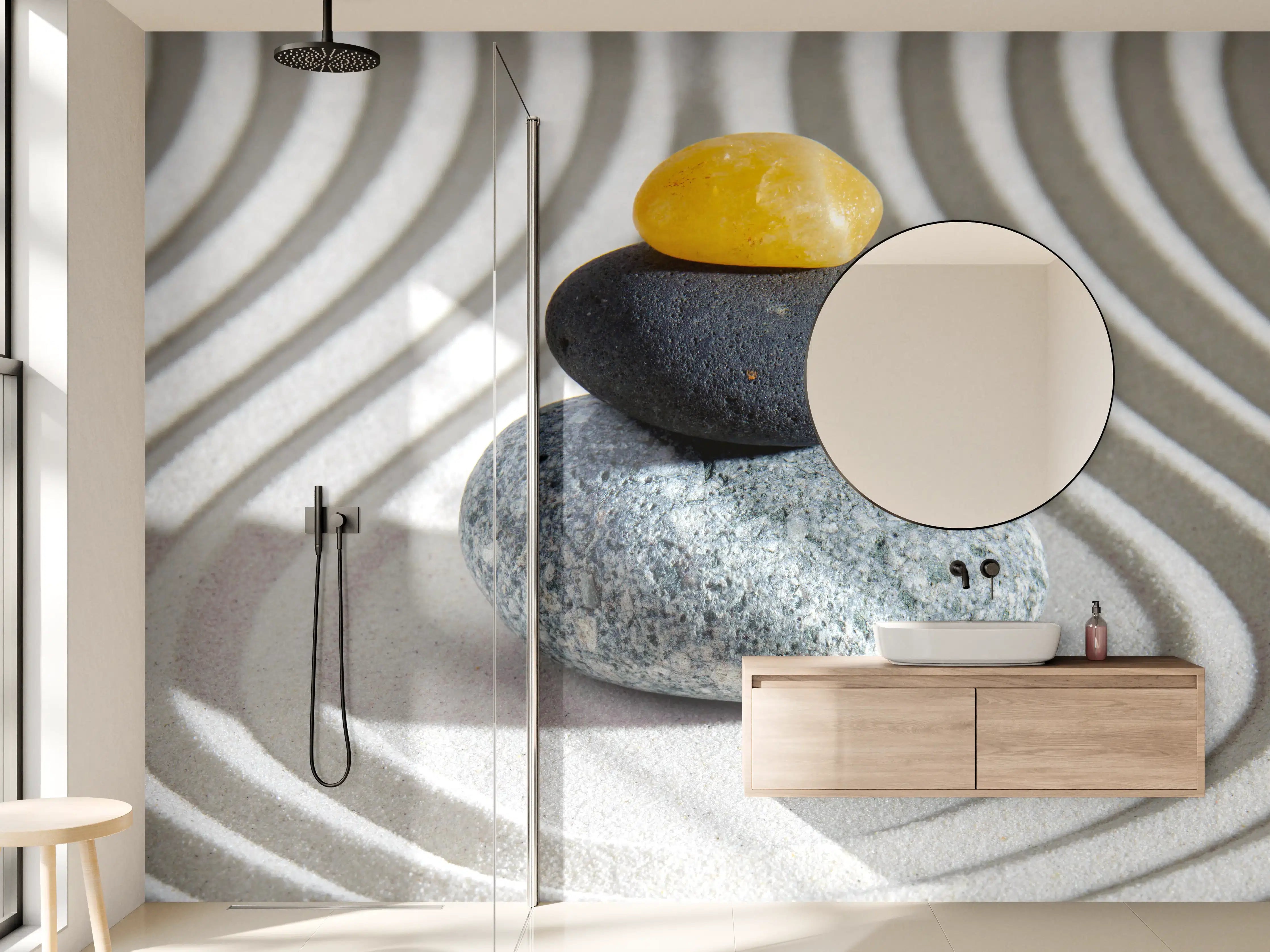 Wandverkleidung Bad - Gelbe Steinpyramide auf Zen-Garten Muster