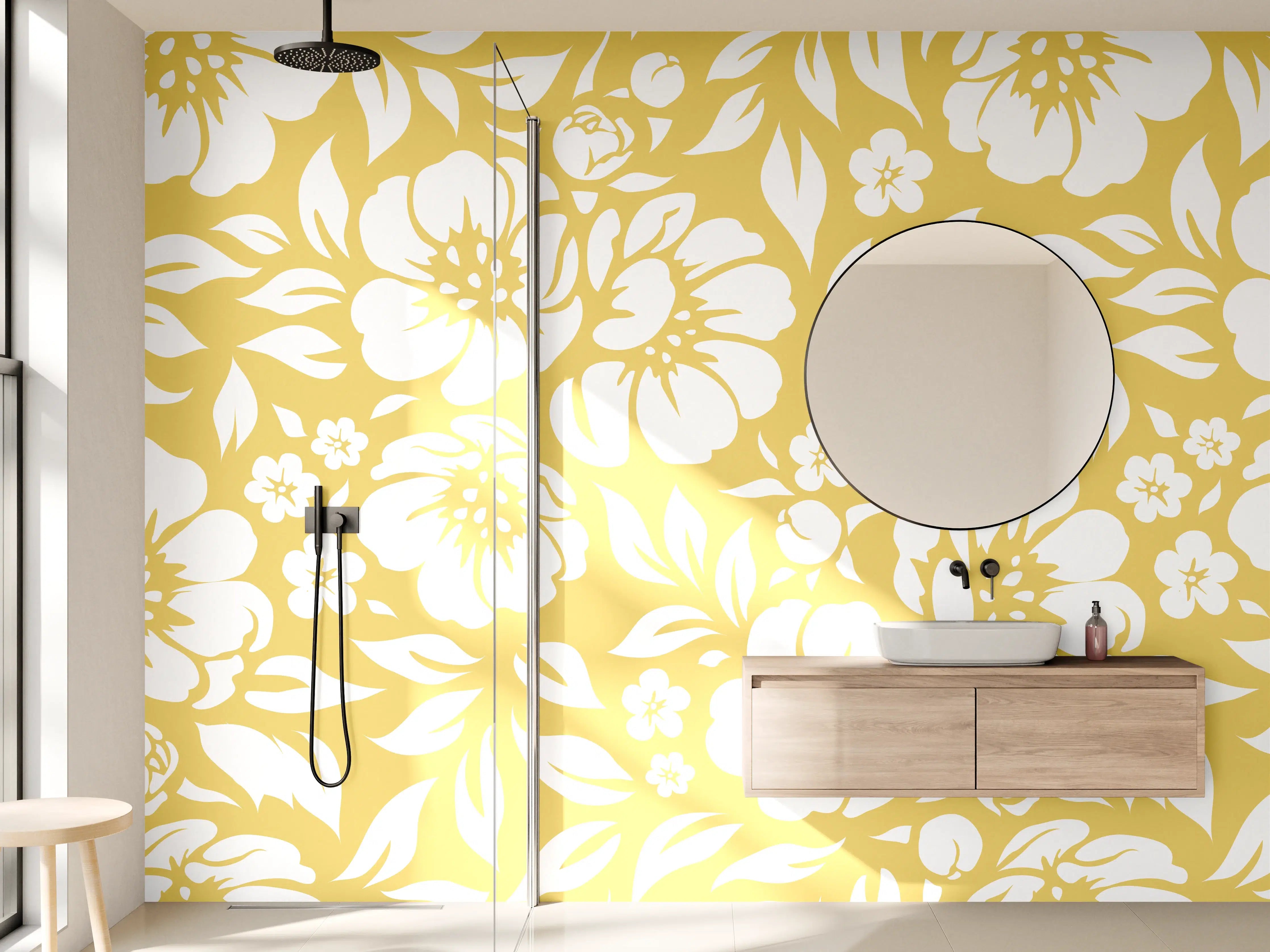 Wandverkleidung Bad - Gelbe und weiße Blumen in Grautönen