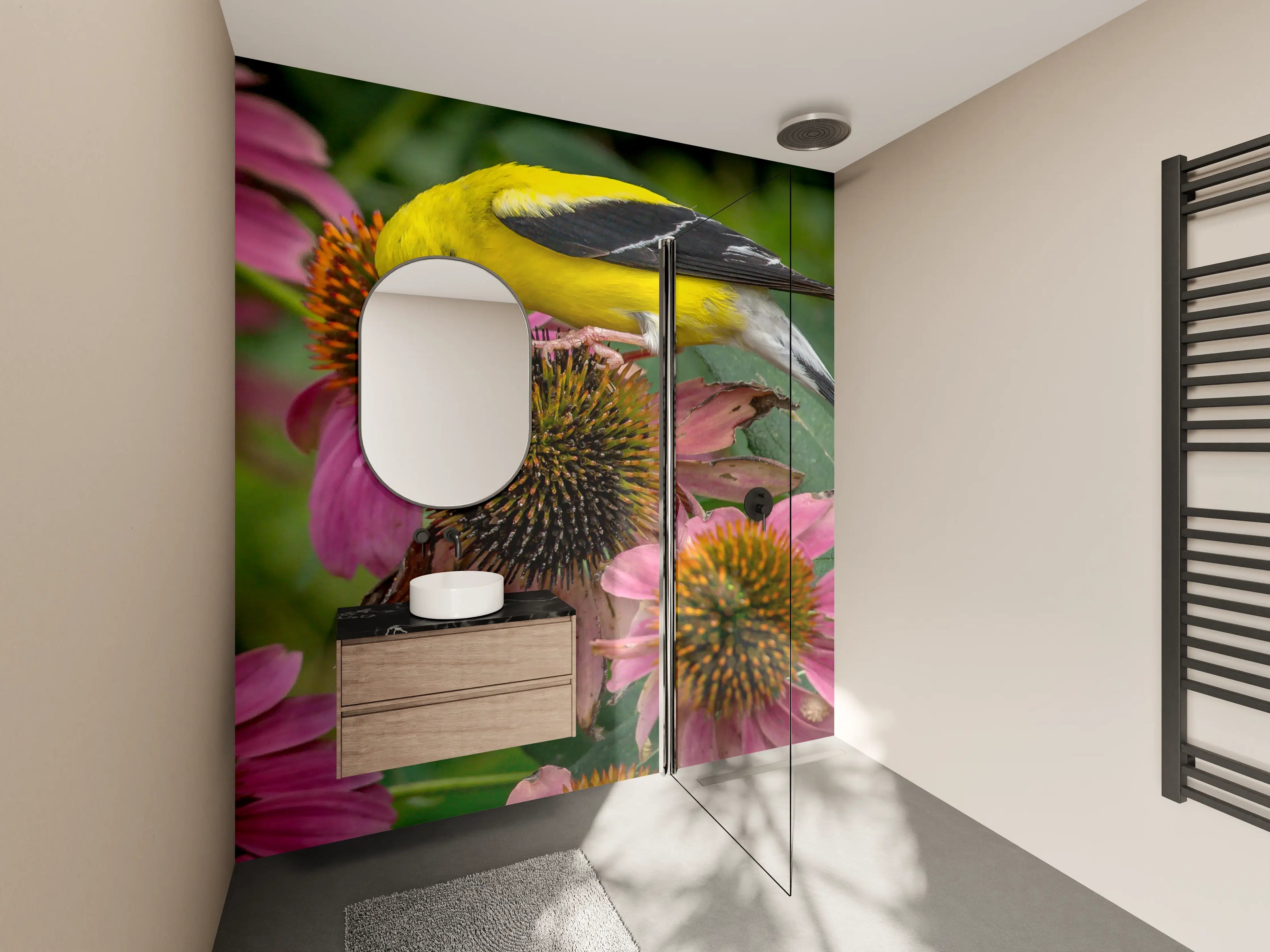 Wandverkleidung Bad - Gelber Vogel auf Pinken Blumen