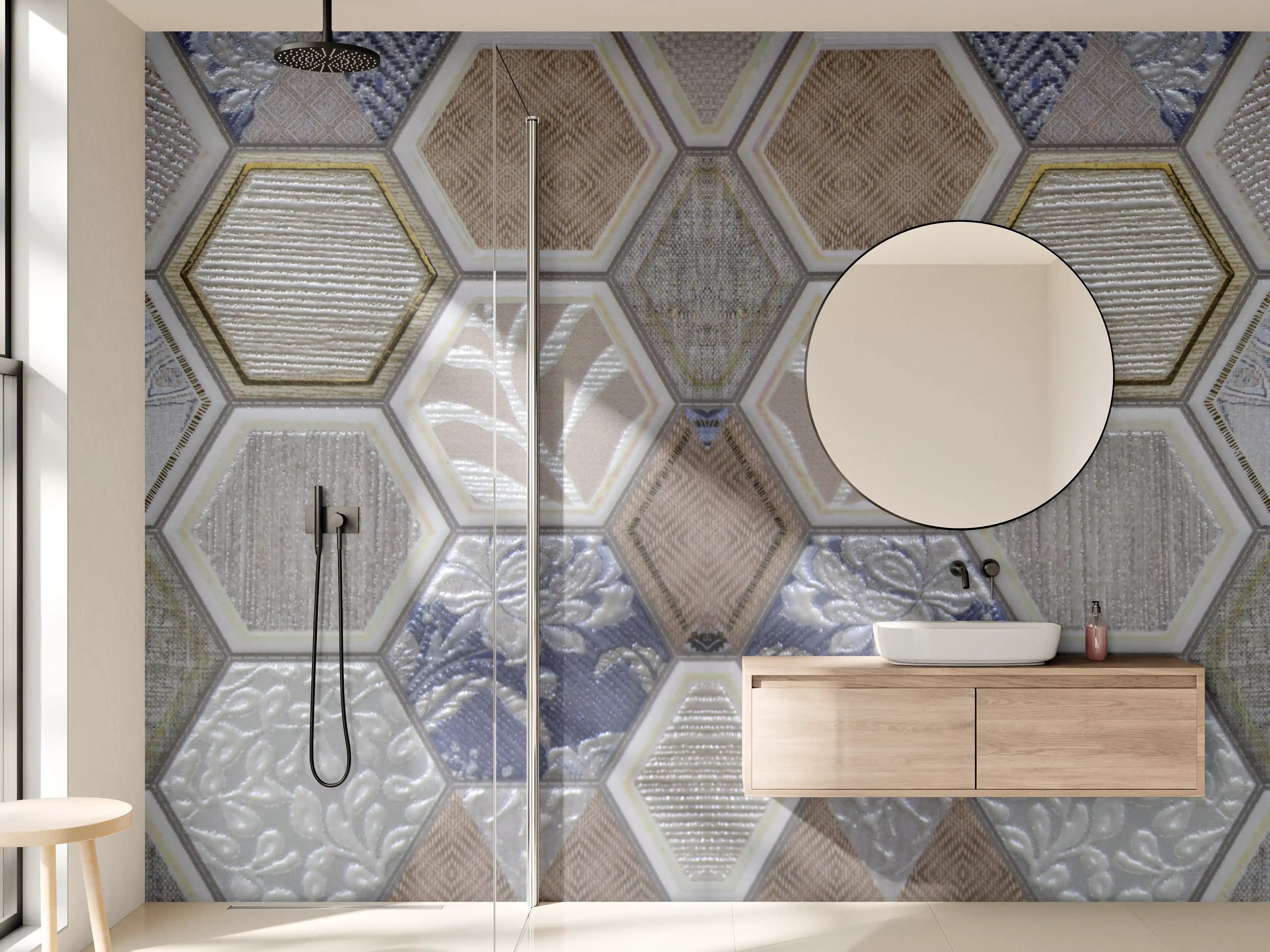 Wandverkleidung Bad - Geometrische Blau-Beige Fliesen