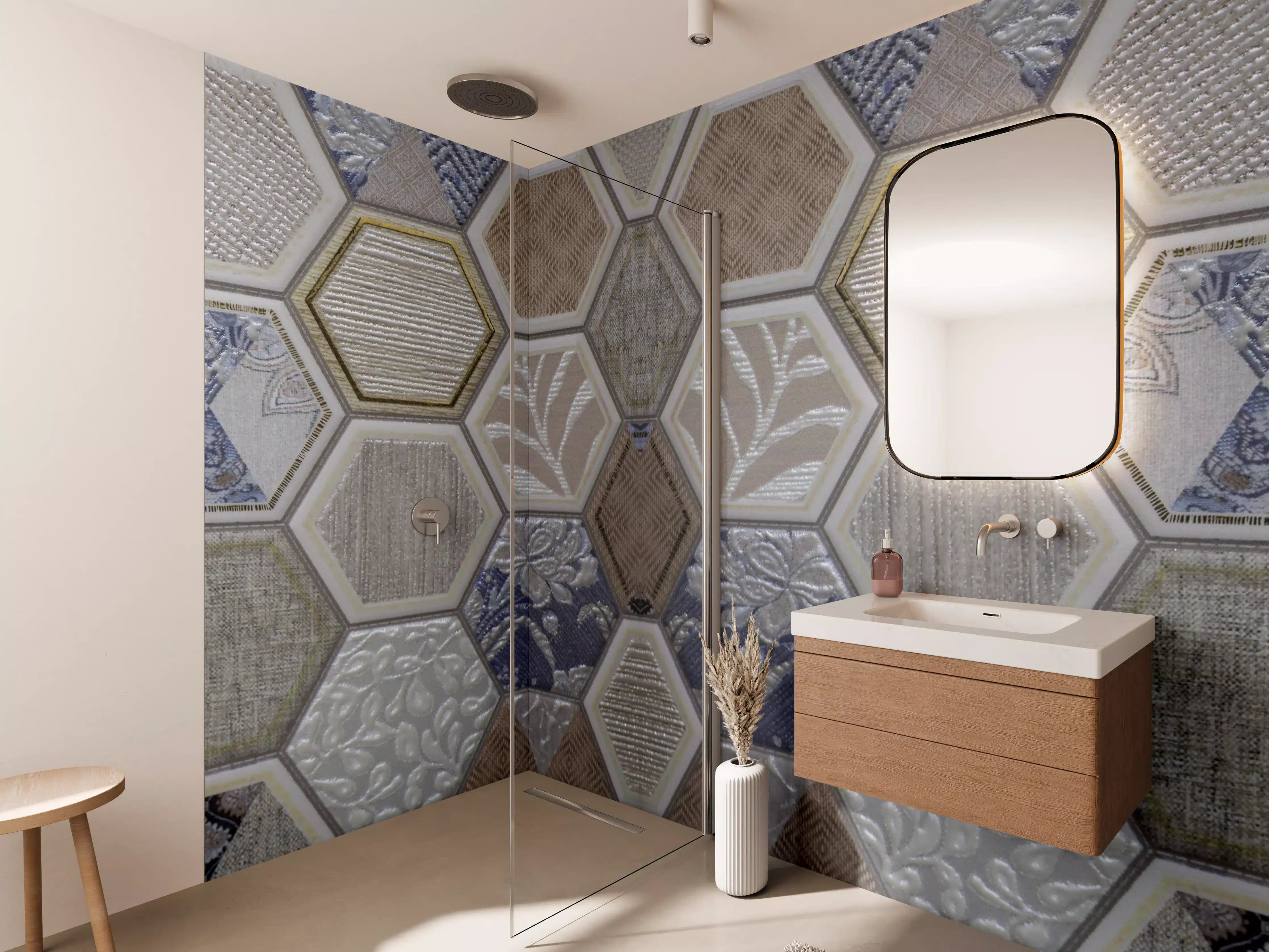 Wandverkleidung Bad - Geometrische Blau-Beige Fliesen