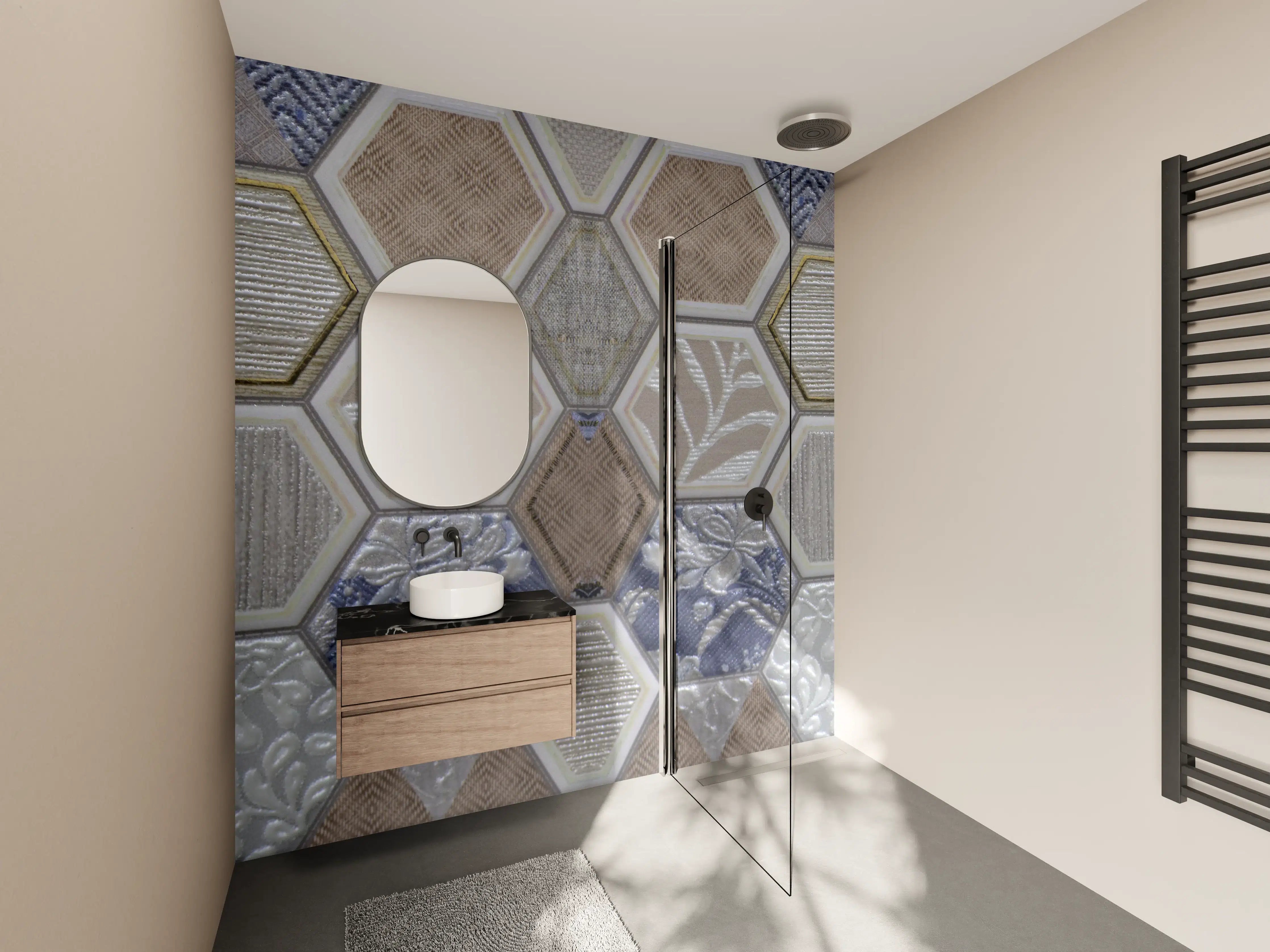 Wandverkleidung Bad - Geometrische Blau-Beige Fliesen