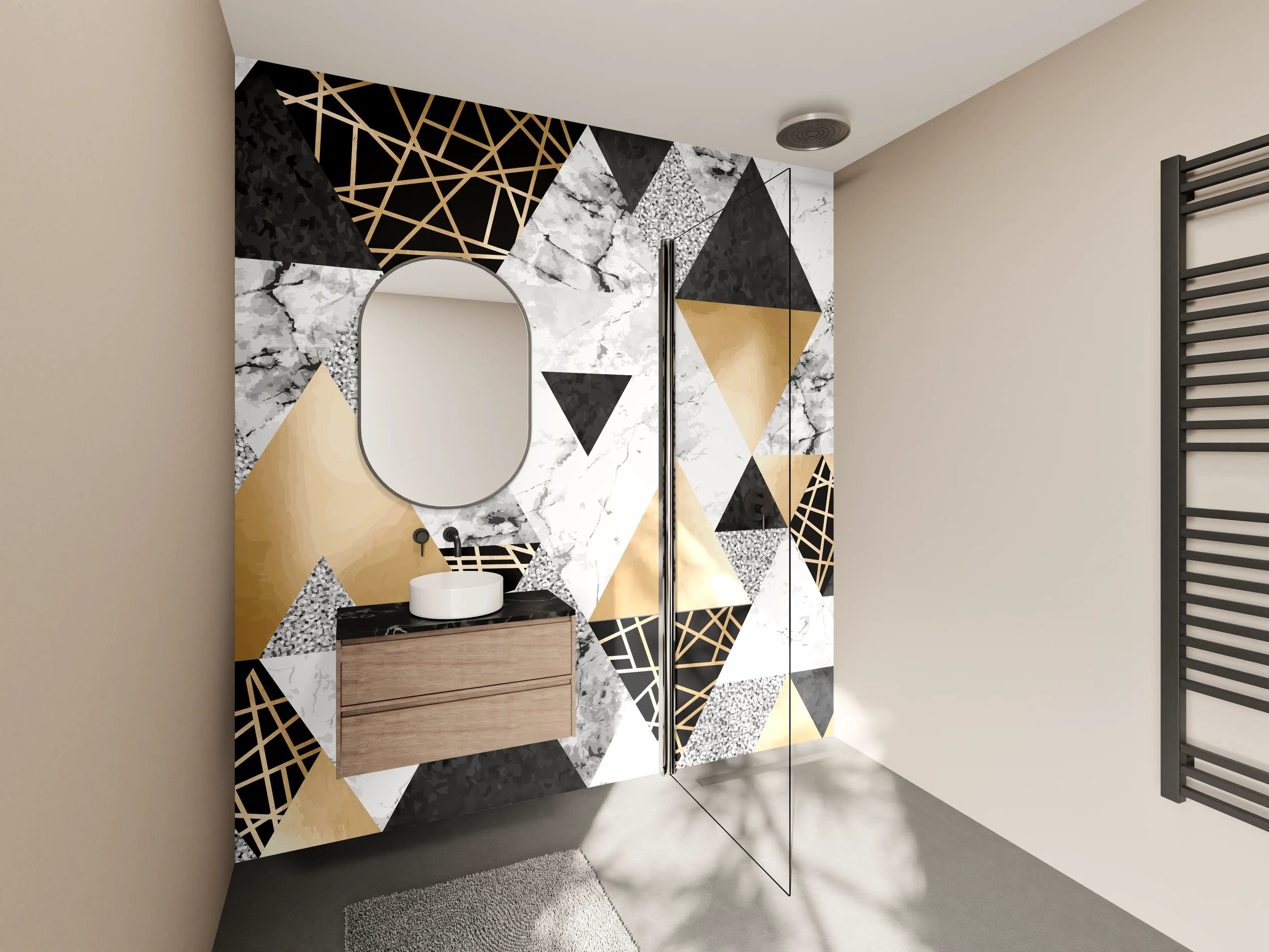 Wandverkleidung Bad - Geometrische Gold-Schwarz-Weiß-Muster