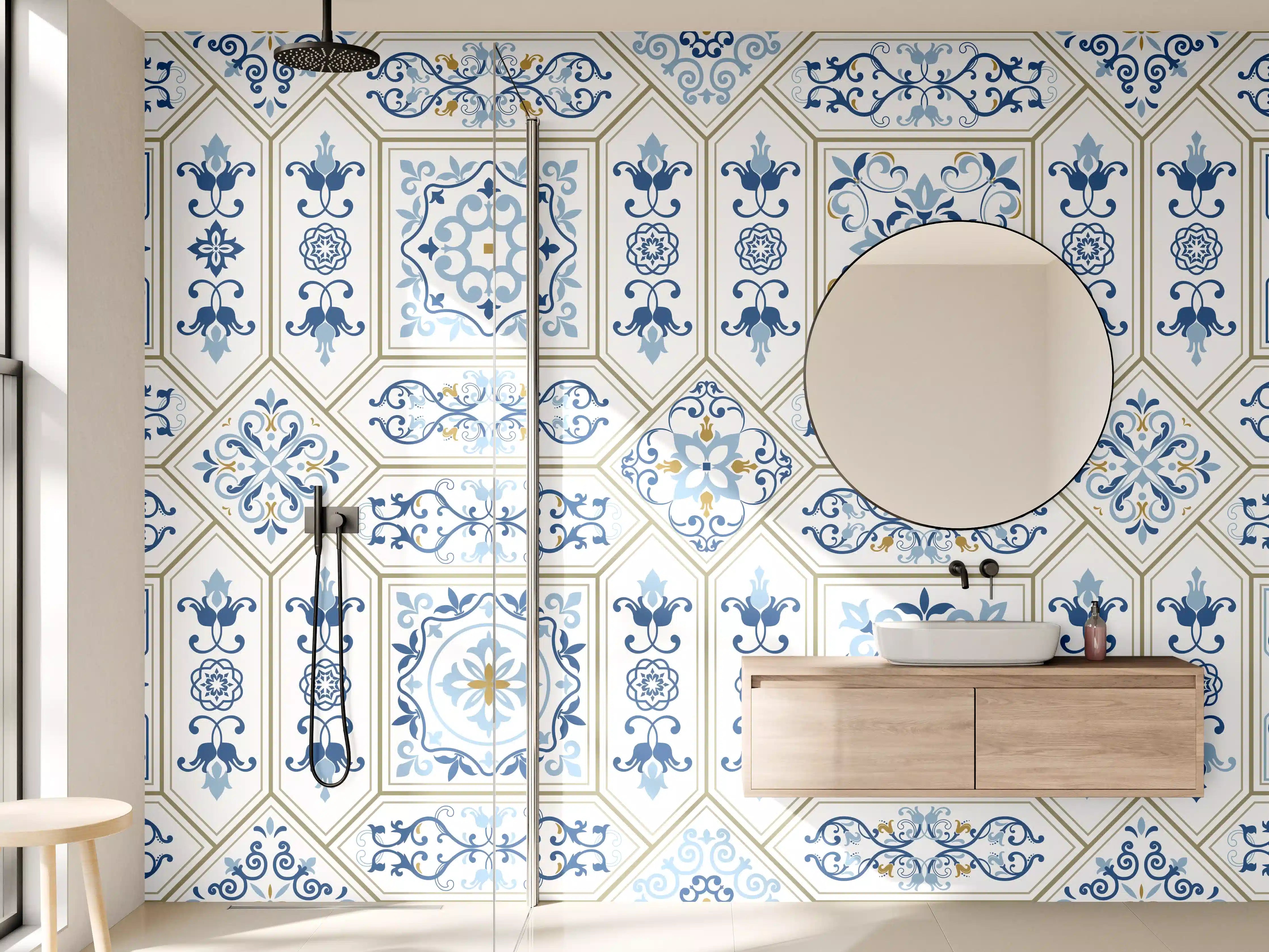 Wandverkleidung Bad - Geometrisches Blau-Weiß-Muster
