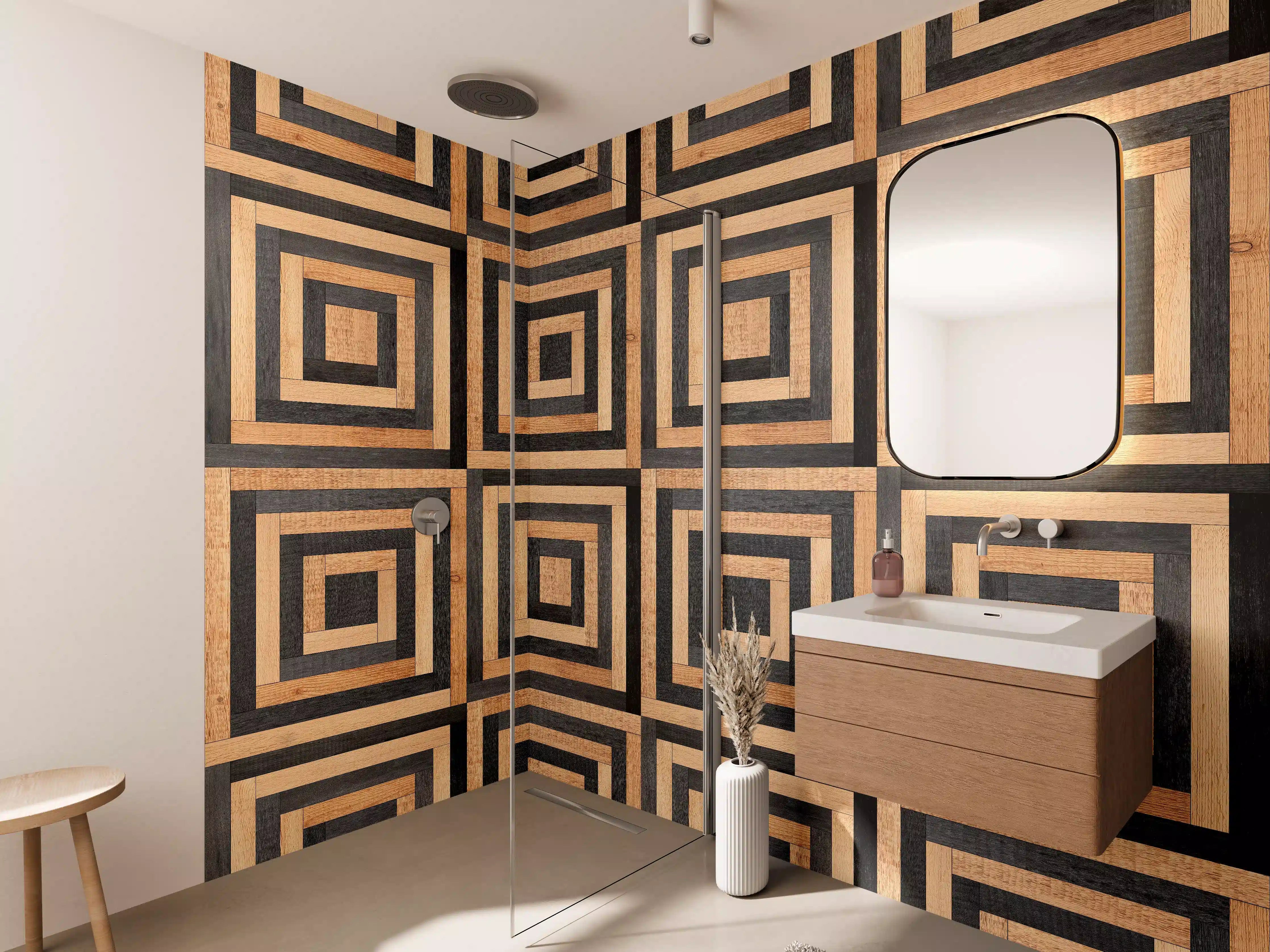 Wandverkleidung Bad - Geometrisches Holzdesign mit quadratischen Mustern