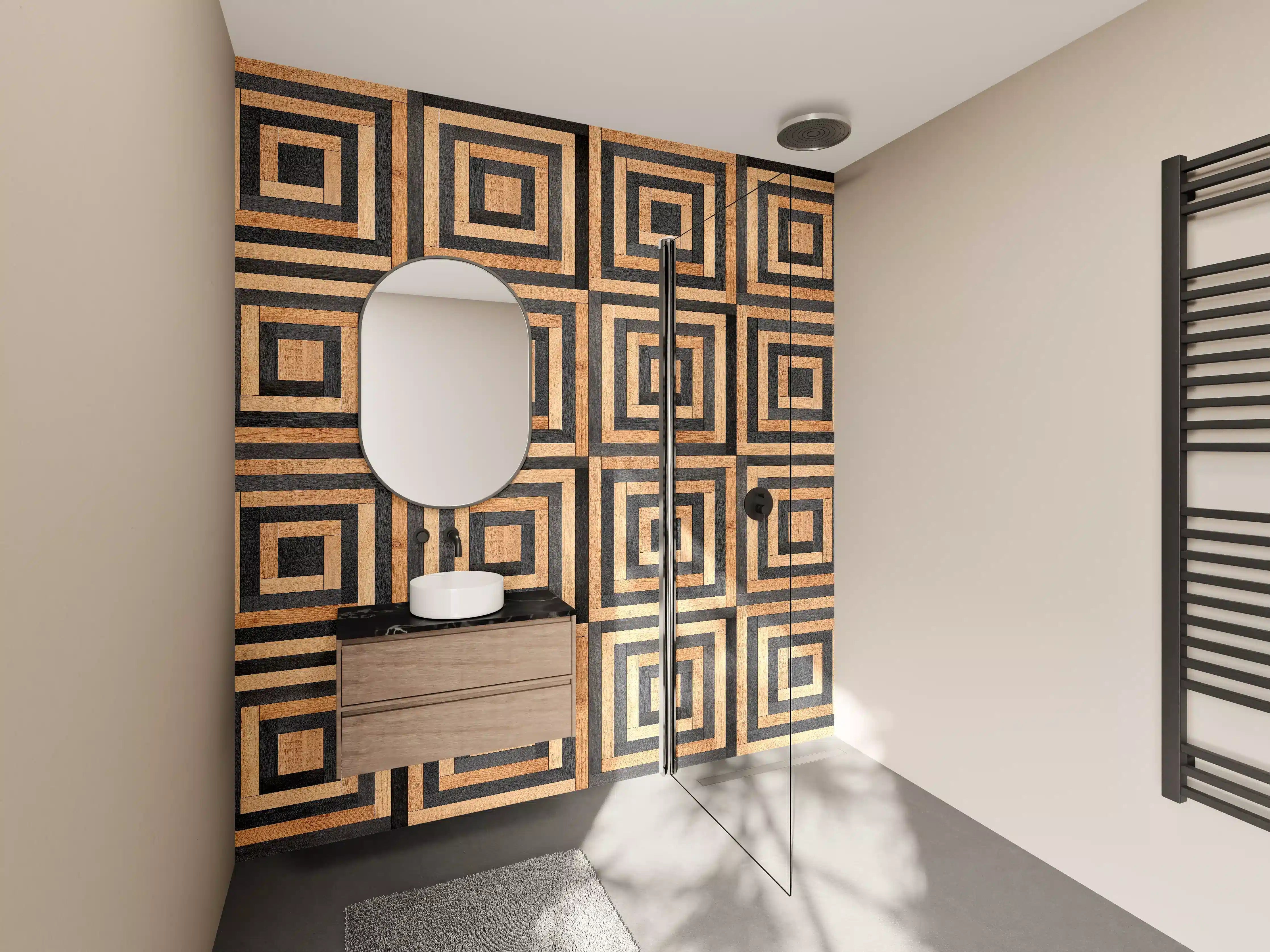 Wandverkleidung Bad - Geometrisches Holzdesign mit quadratischen Mustern