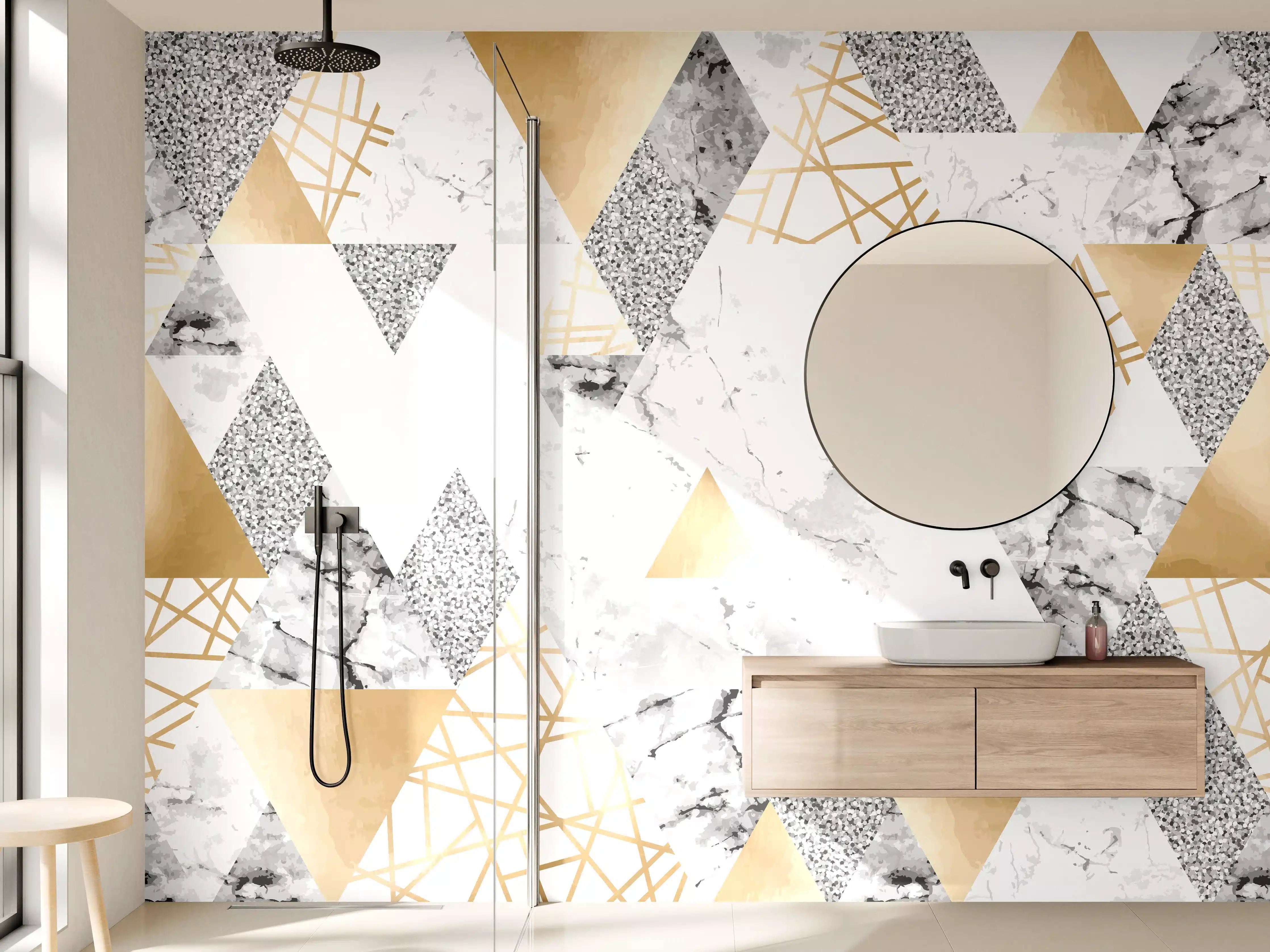 Wandverkleidung Bad - Geometrisches Muster Gold Weiß Grau