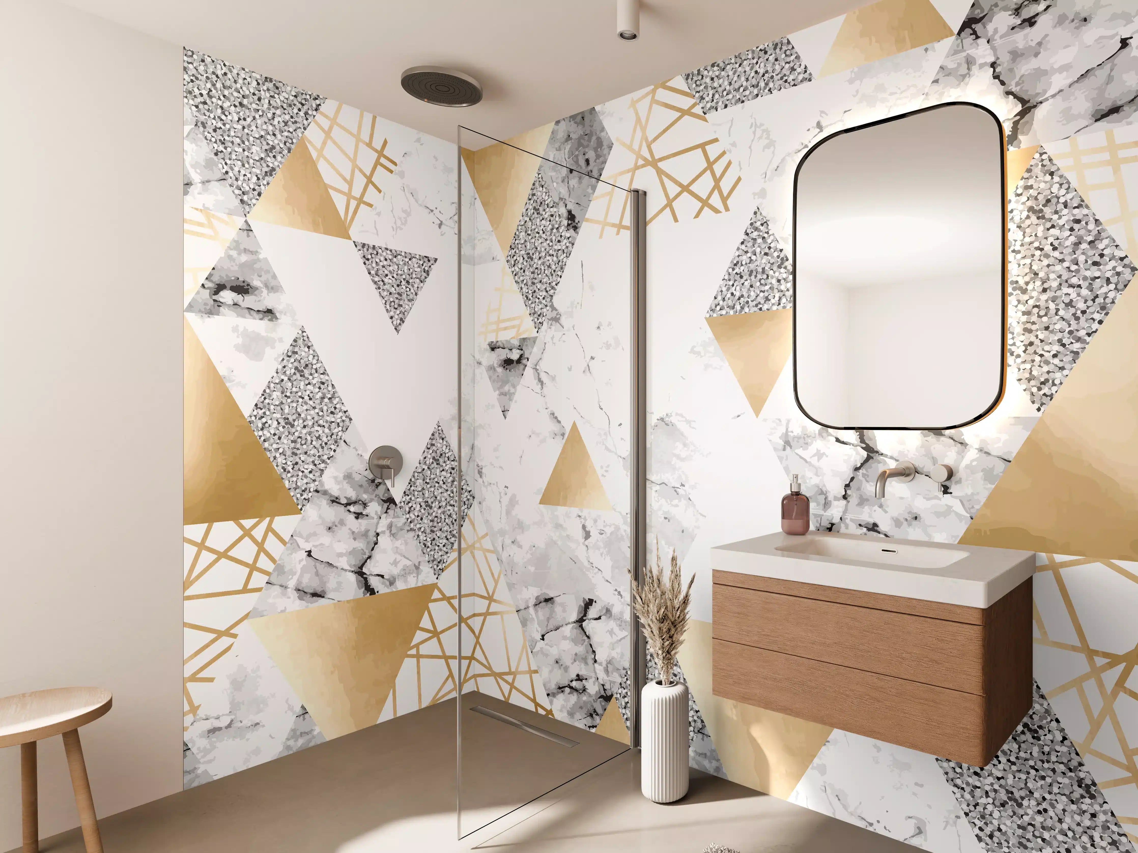 Wandverkleidung Bad - Geometrisches Muster Gold Weiß Grau