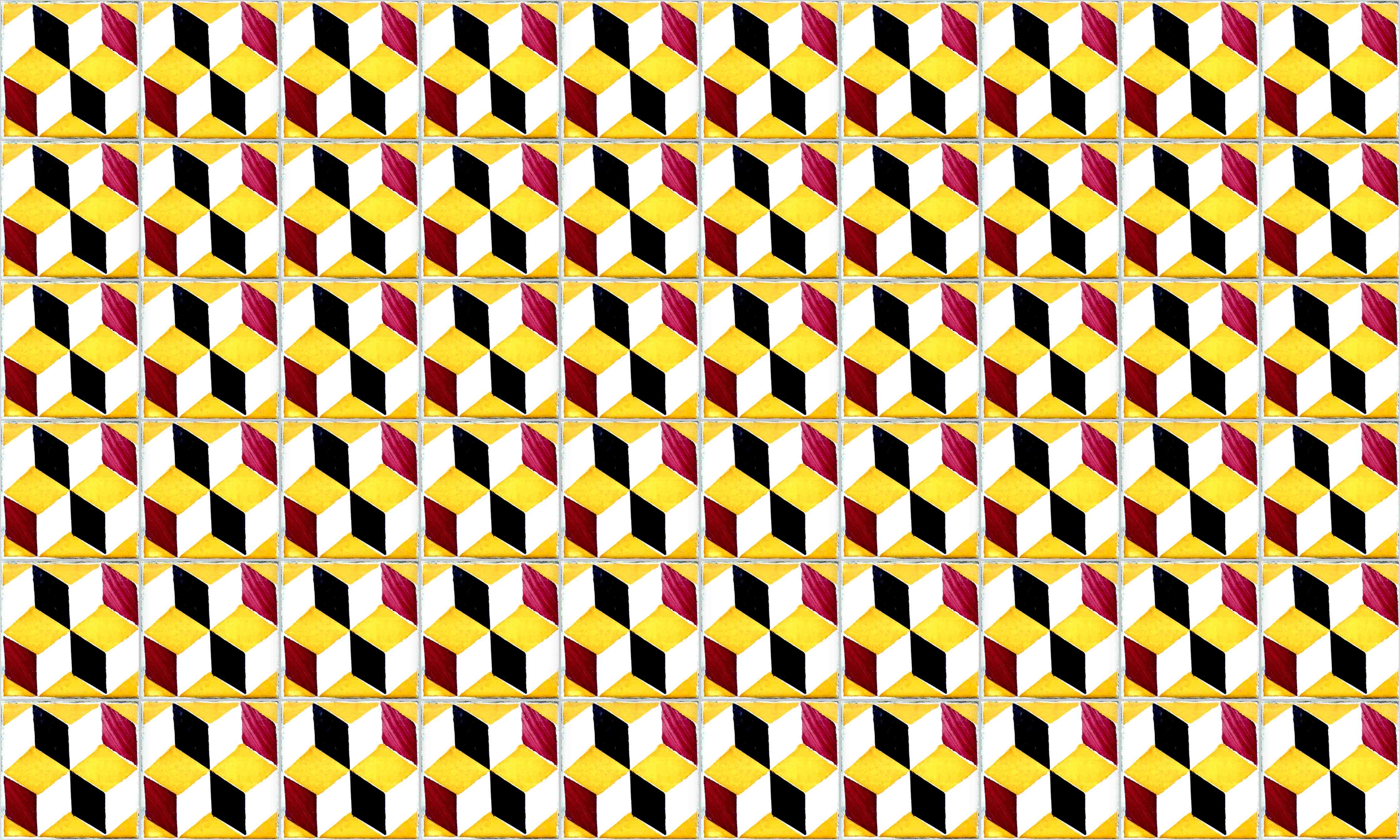 Wandverkleidung Bad-Geometrisches Muster in Gelb, Rot, Schwarz und Weiß