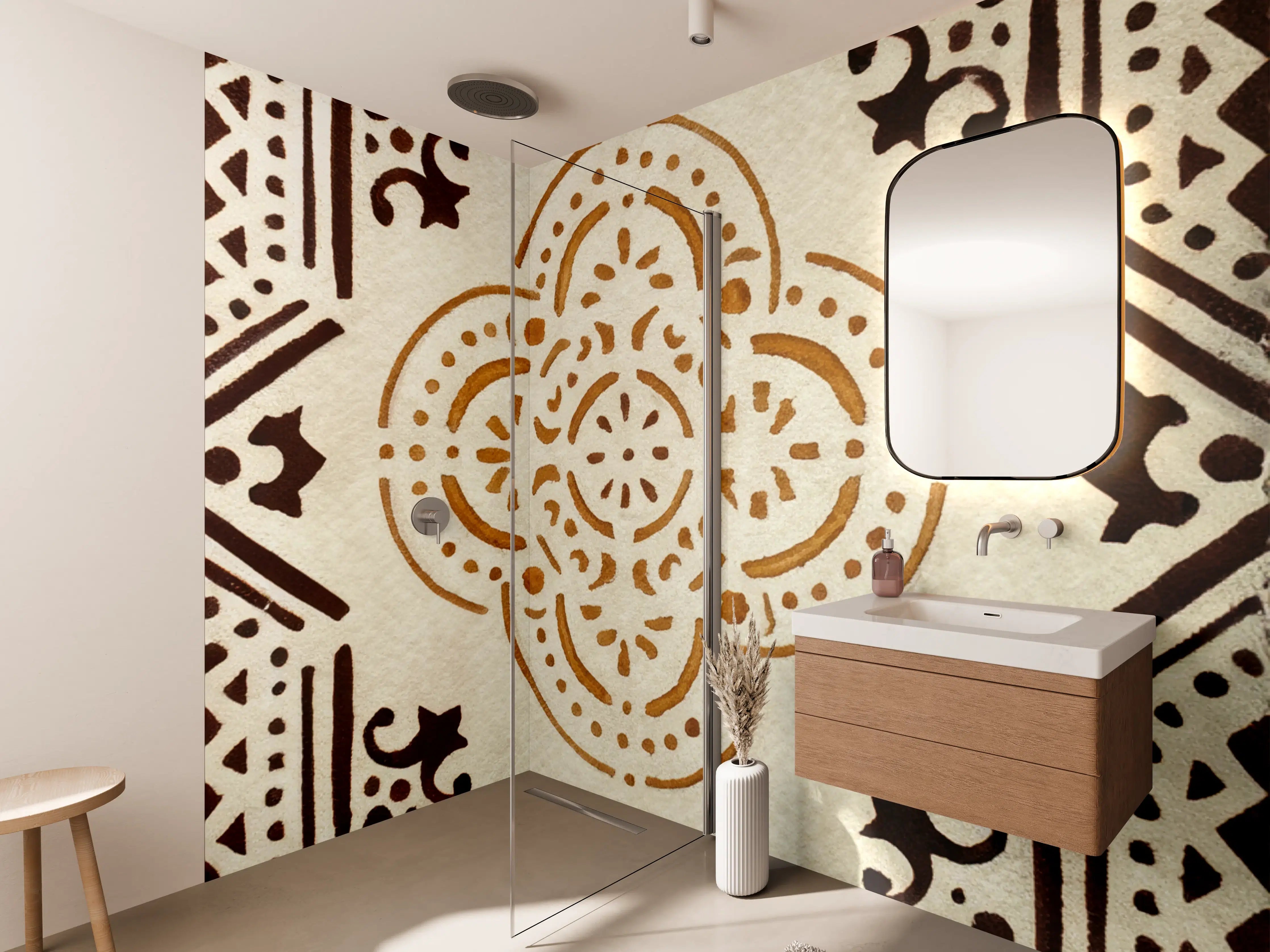 Wandverkleidung Bad - Geometrisches Ornament in Warmtönen