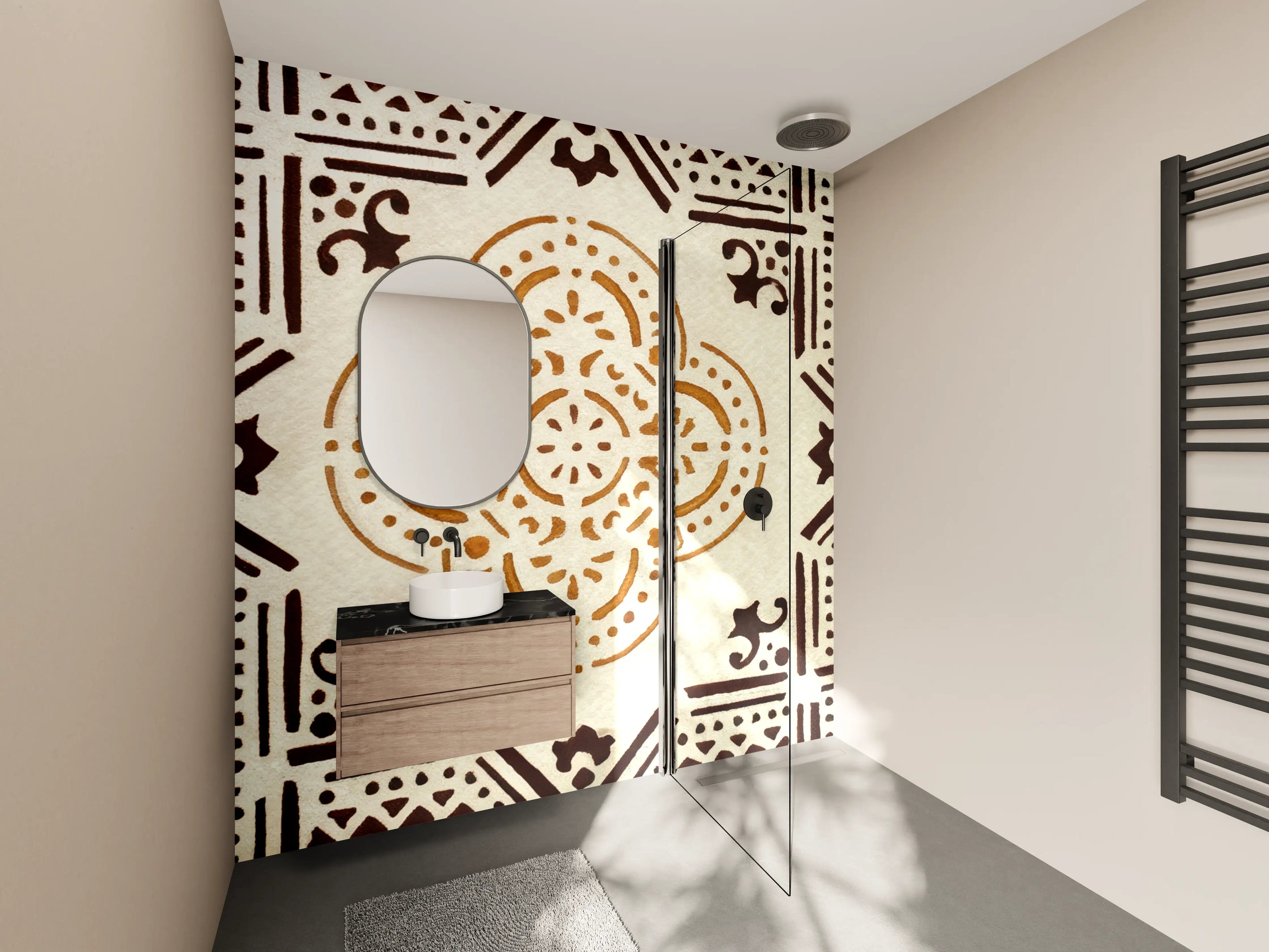 Wandverkleidung Bad - Geometrisches Ornament in Warmtönen