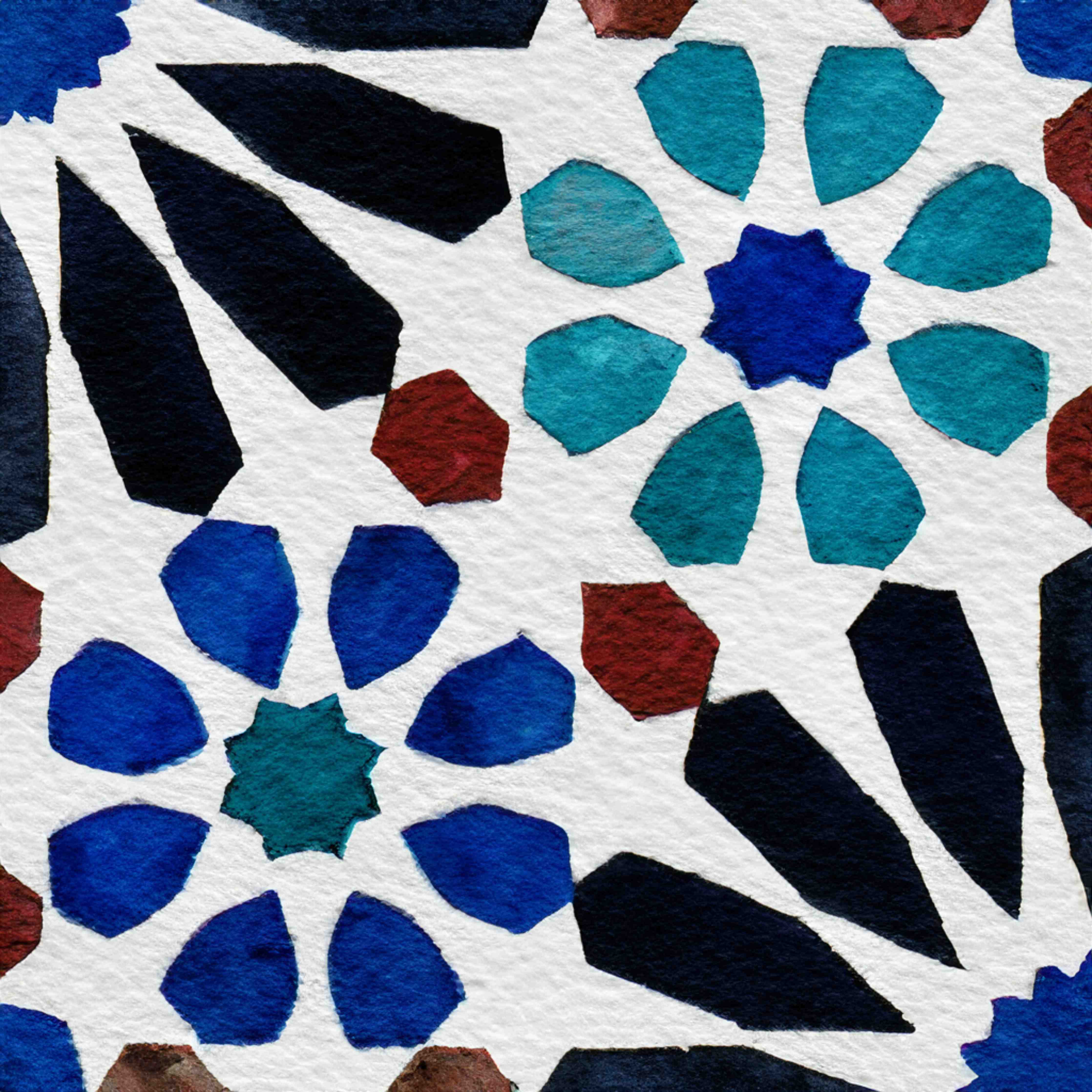 Wandverkleidung Bad-Geomuster in Blau, Rot und Schwarz