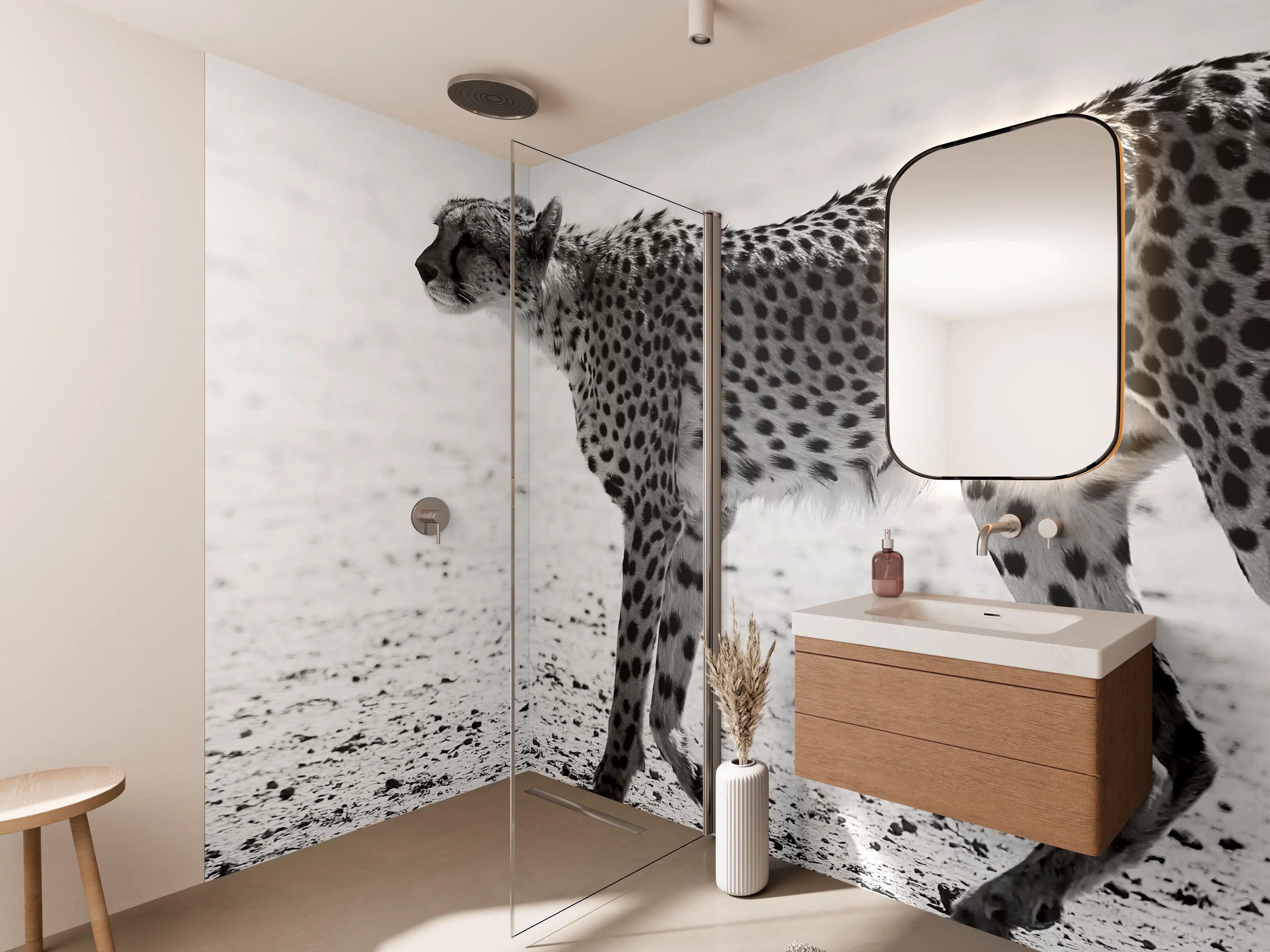 Wandverkleidung Bad - Gepard - schwarz-weiß