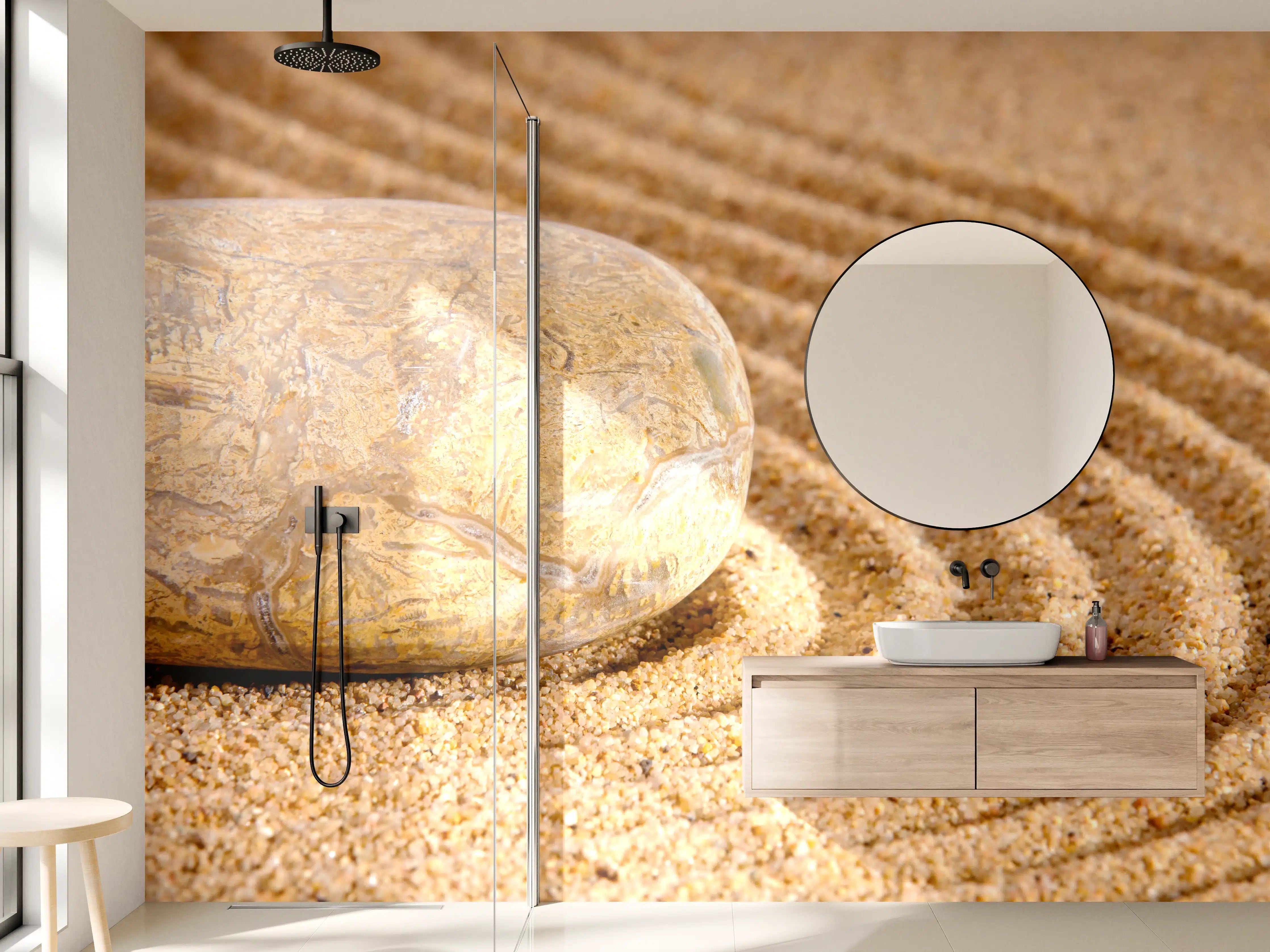 Wandverkleidung Bad - Gerader Sandweg mit Stein im Zen-Garten