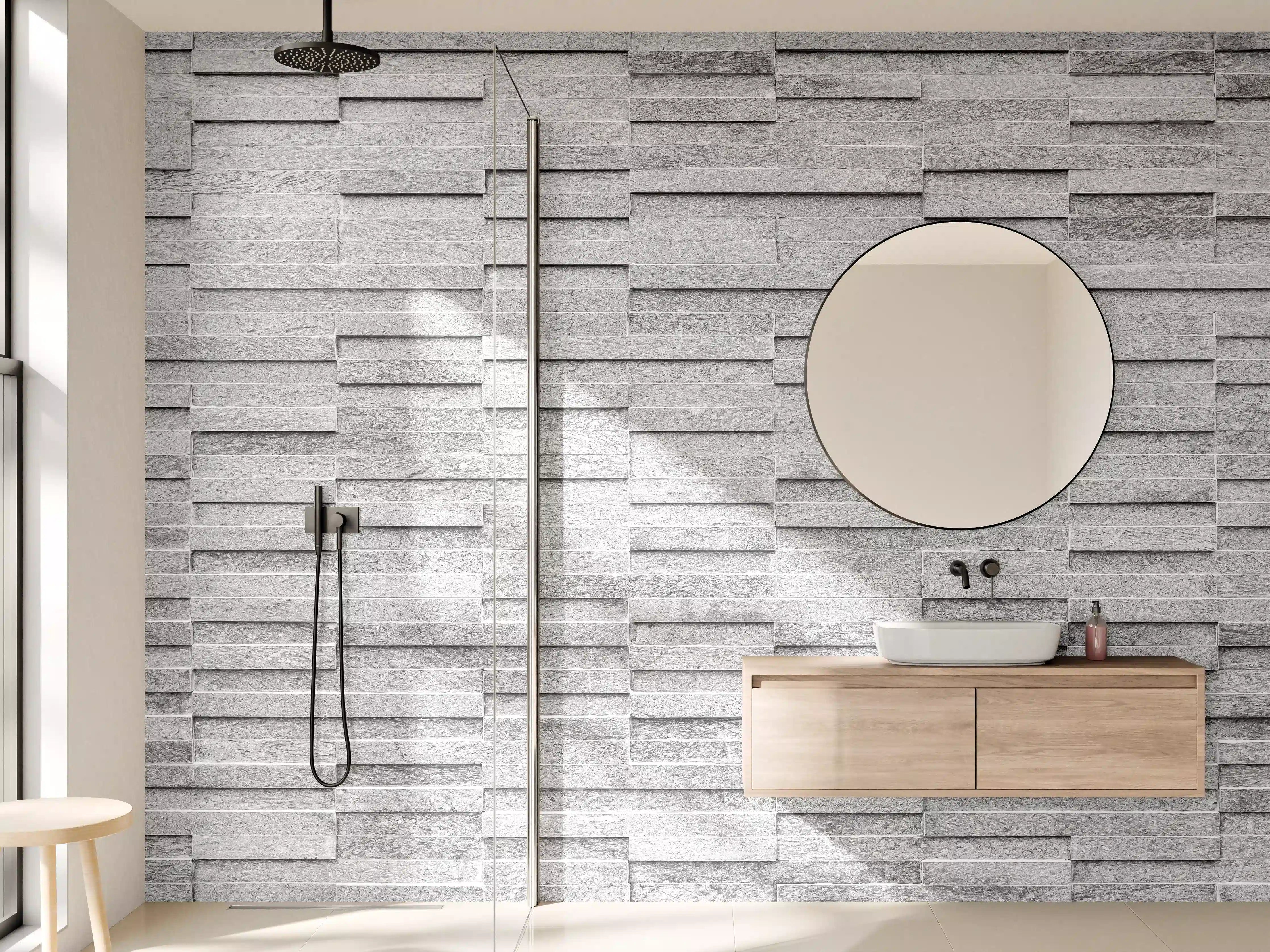 Wandverkleidung Bad - Geriffelte gräuliche Backsteinmauer