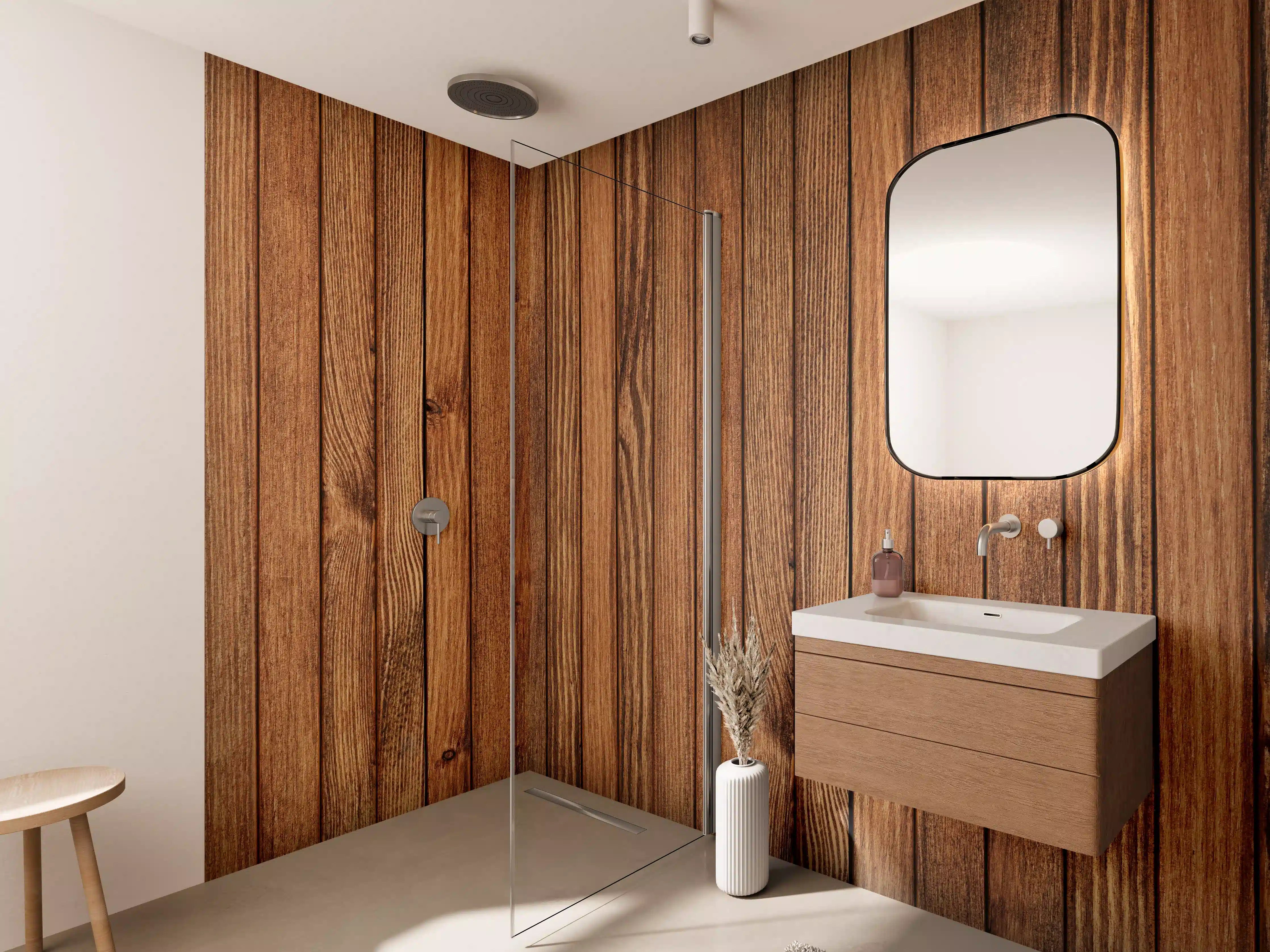 Wandverkleidung Bad - Gestreifte natürliche Holzbretter