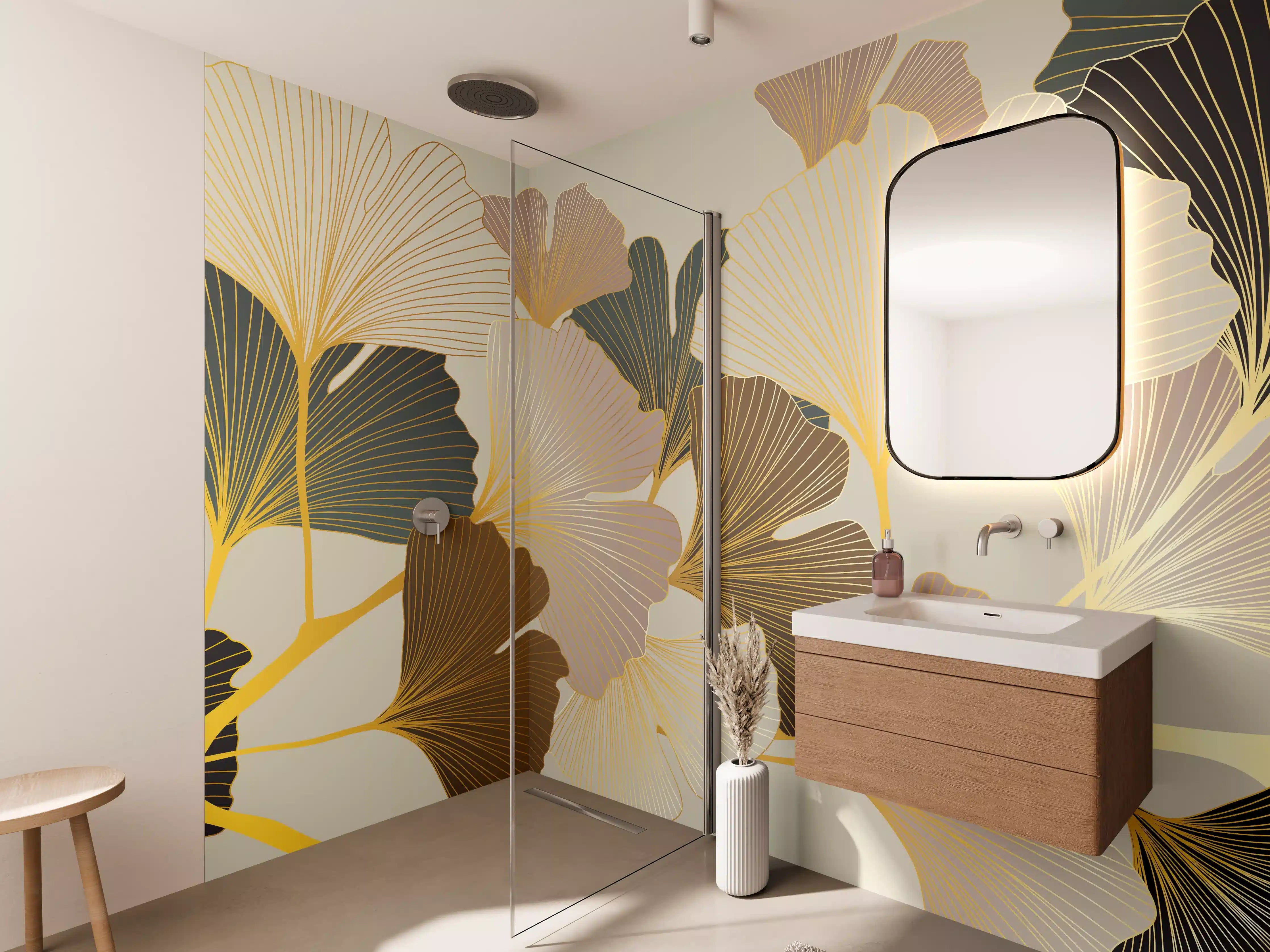 Wandverkleidung Bad - Ginkgo Blätter Design Beige