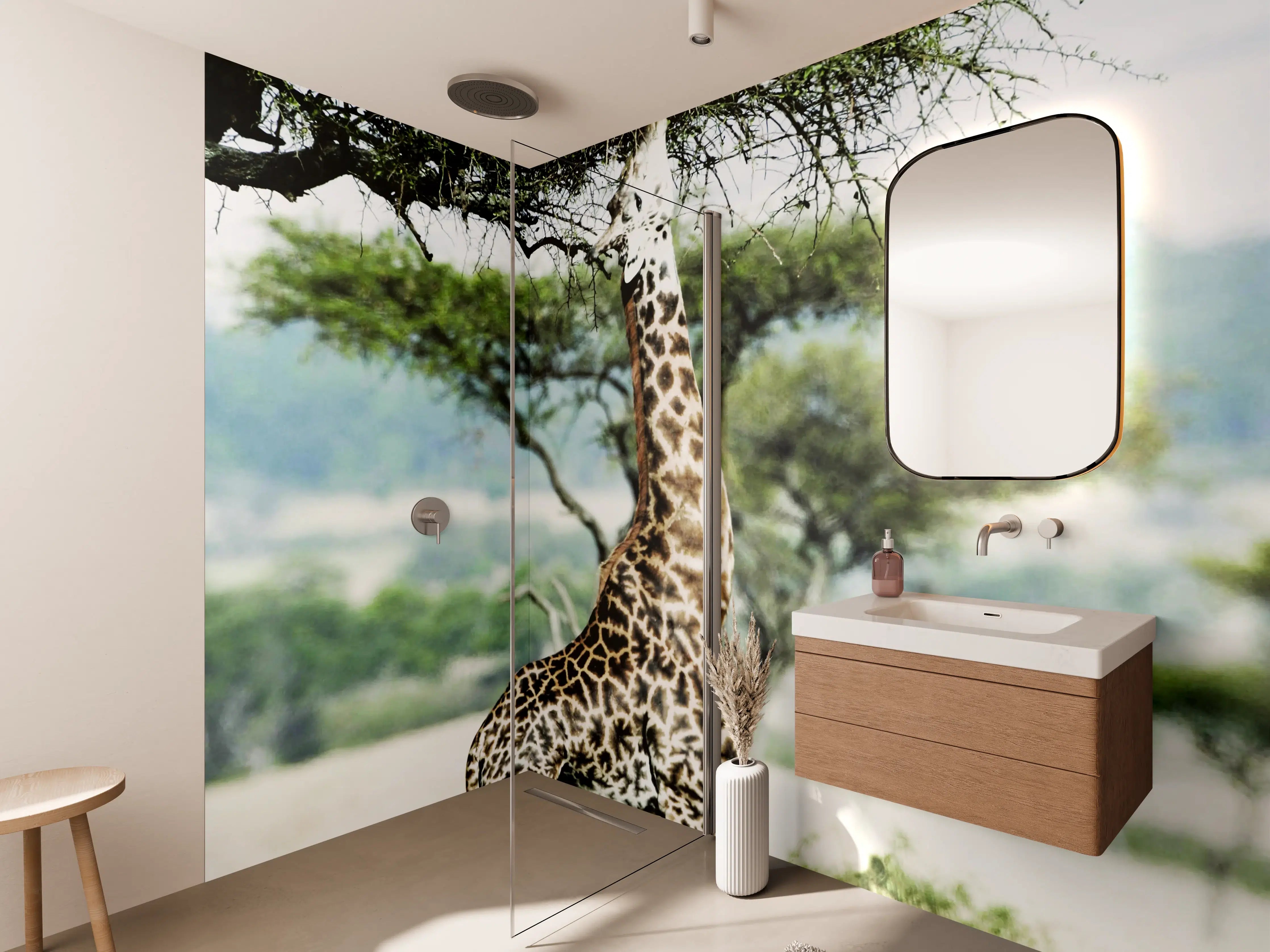 Wandverkleidung Bad - Giraffe in der Savanne