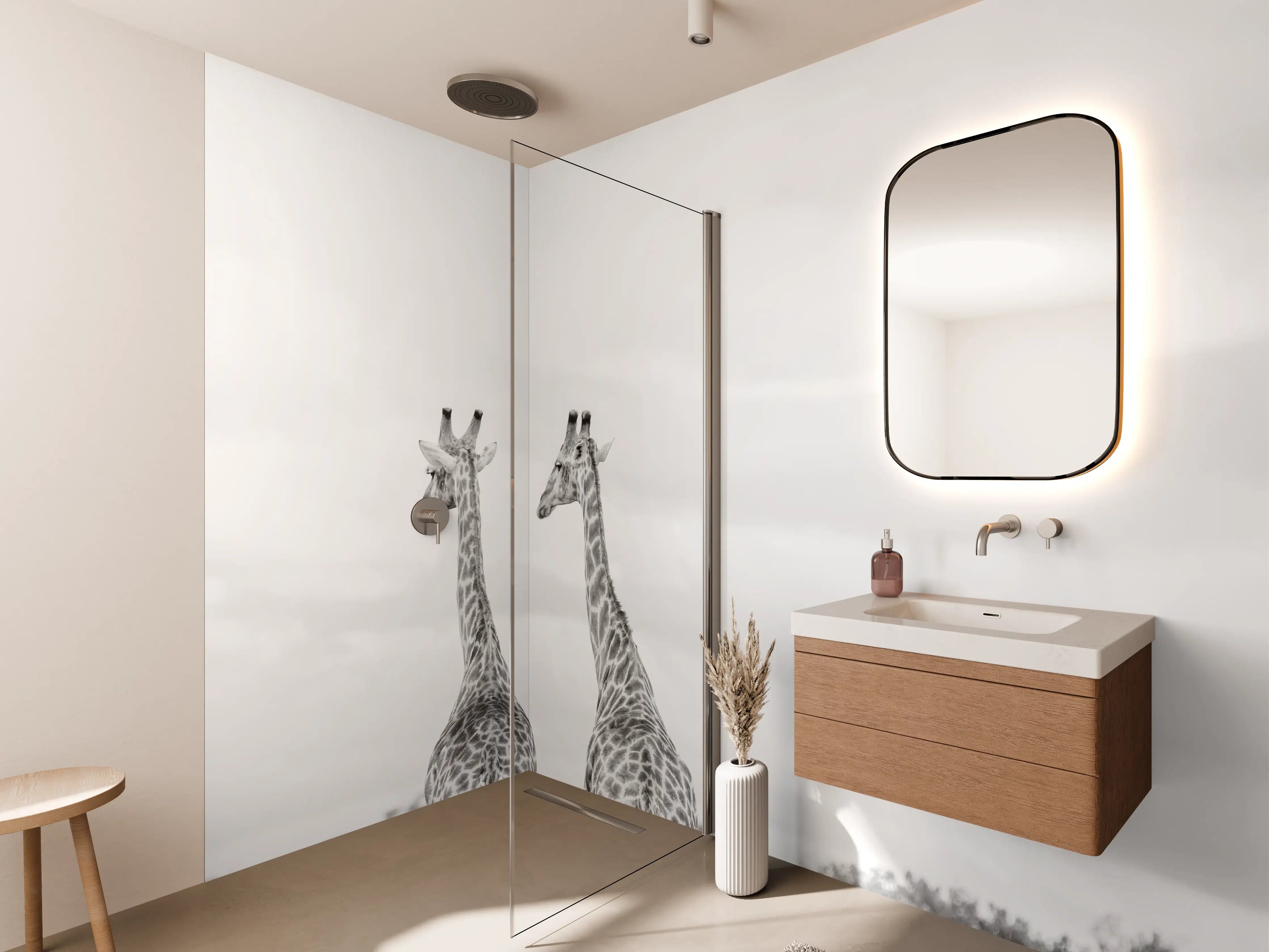 Wandverkleidung Bad - Giraffen und Zebras - schwarz-weiß