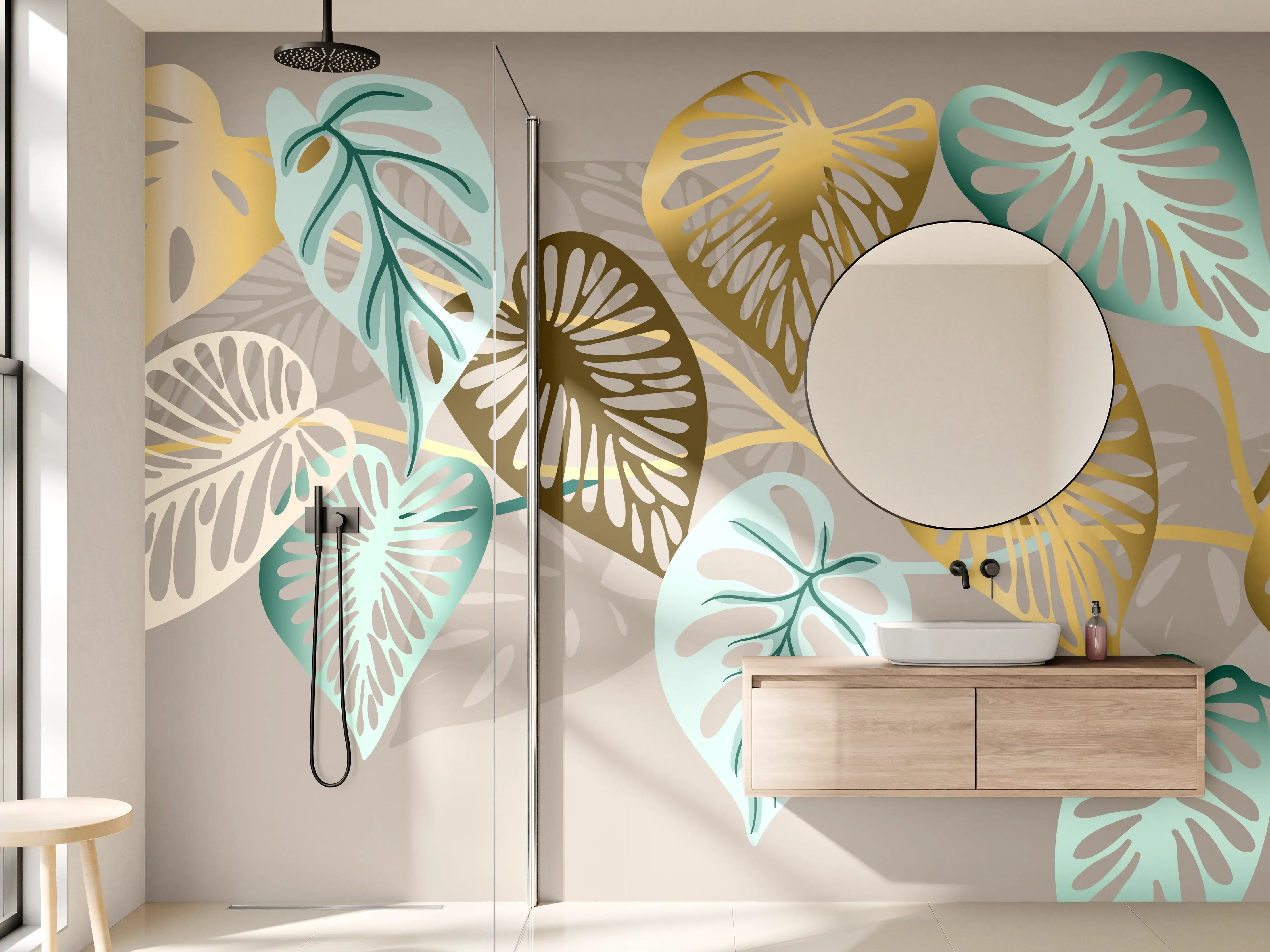 Wandverkleidung Bad - Gold-Beige Blätter-Muster-Dekor