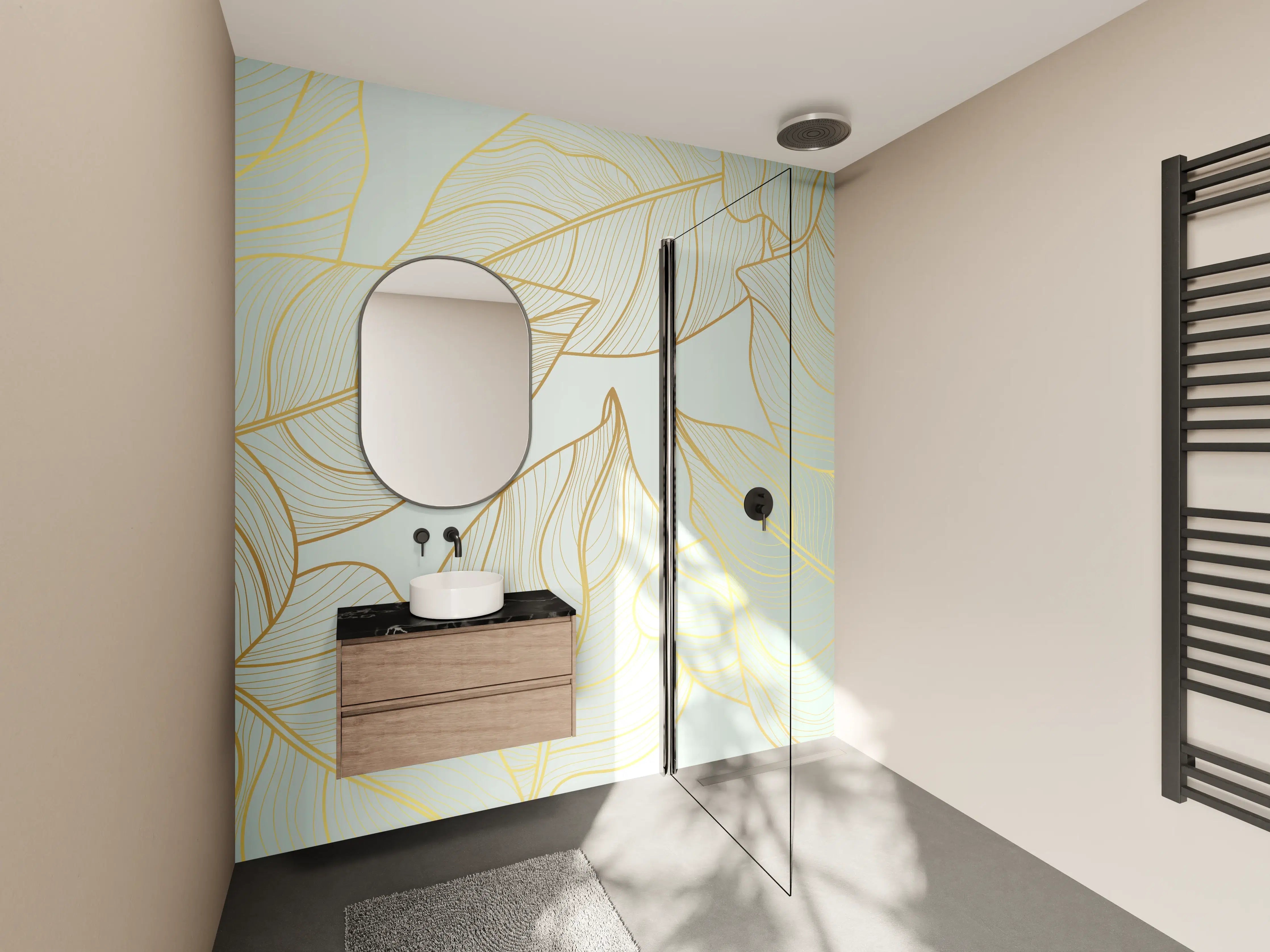 Wandverkleidung Bad - Gold-Beige Laub Design