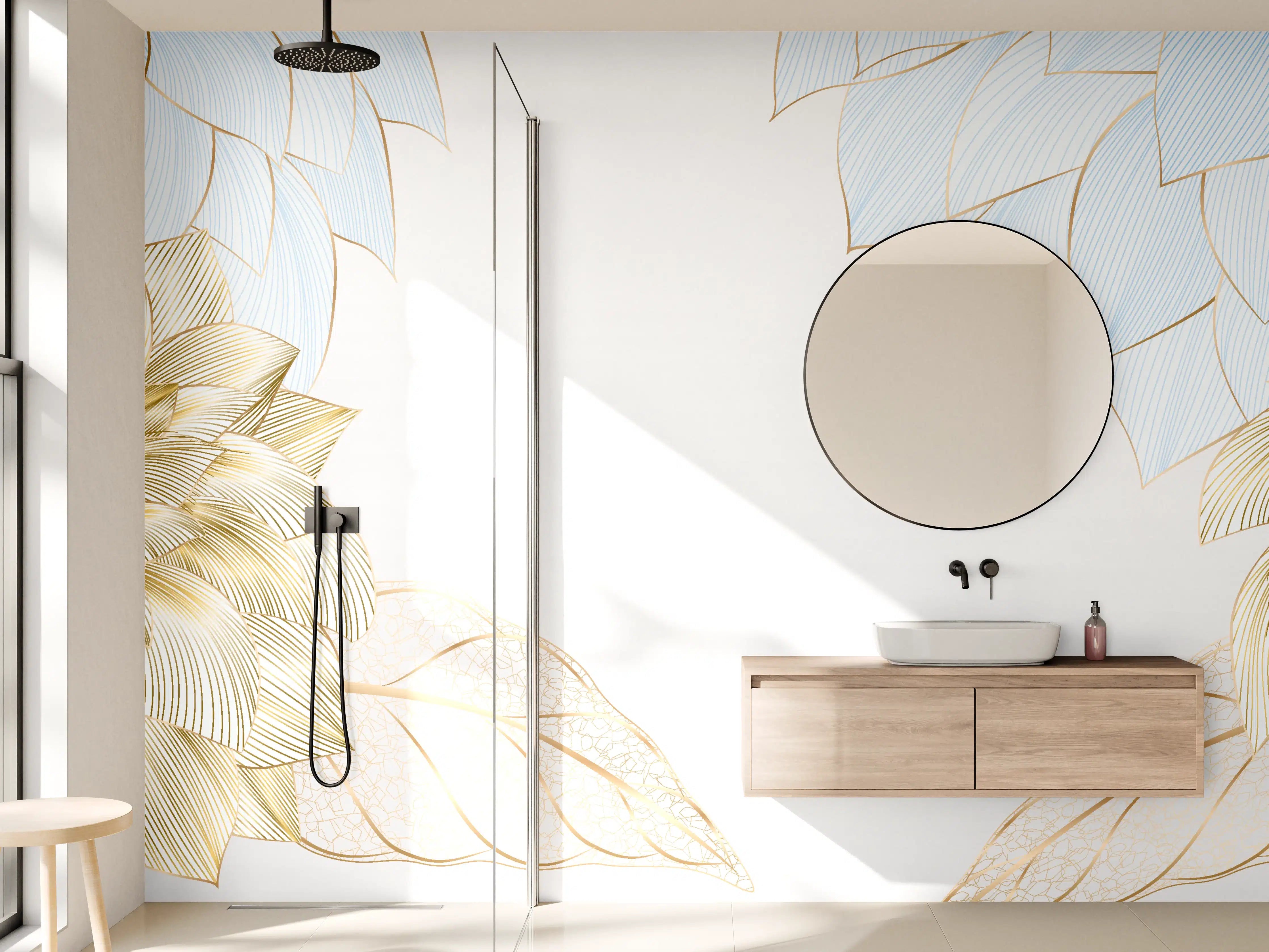 Wandverkleidung Bad - Gold-Weiß Floral Design