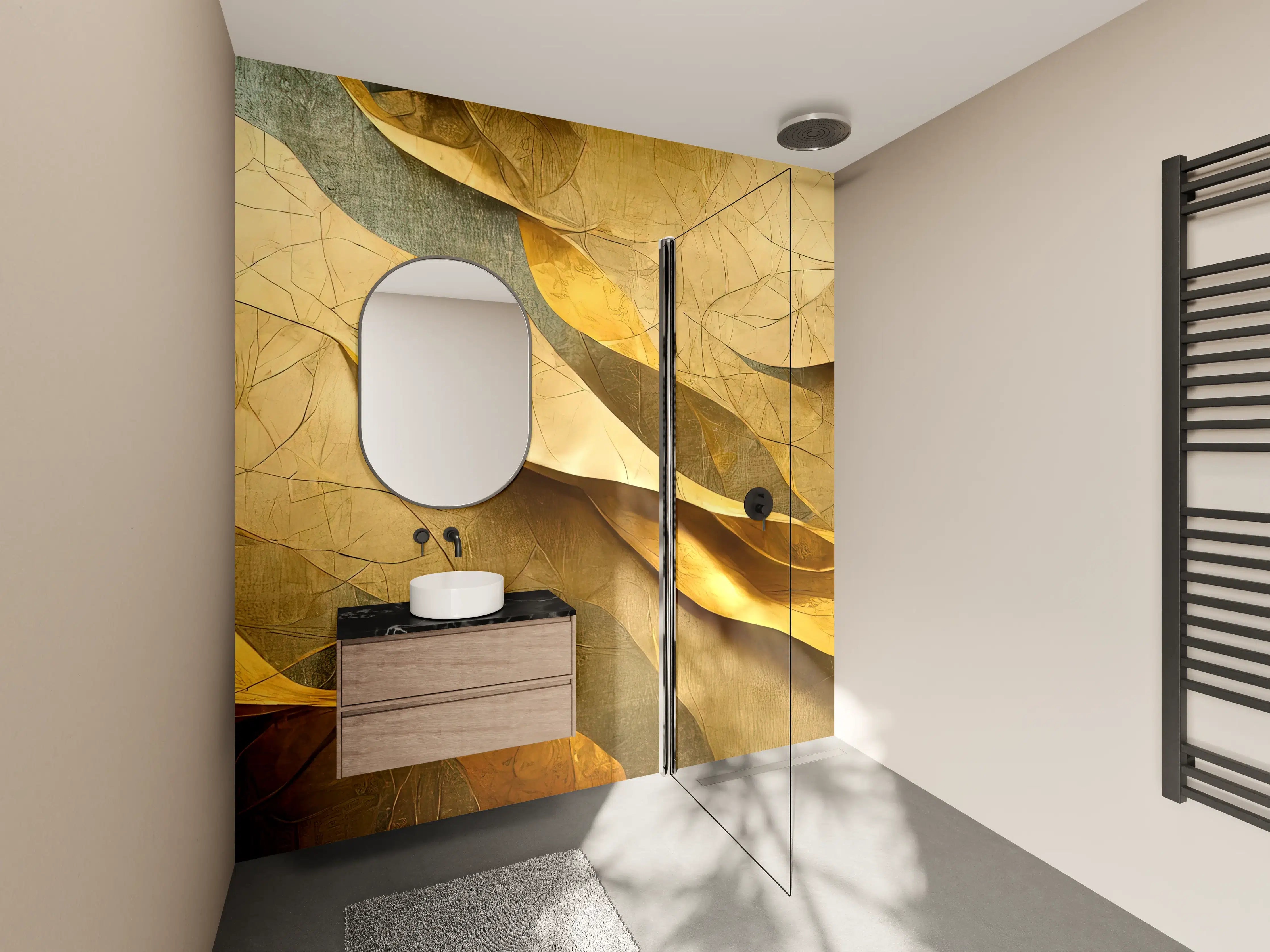 Wandverkleidung Bad - Goldene Blätter in sanftem Licht